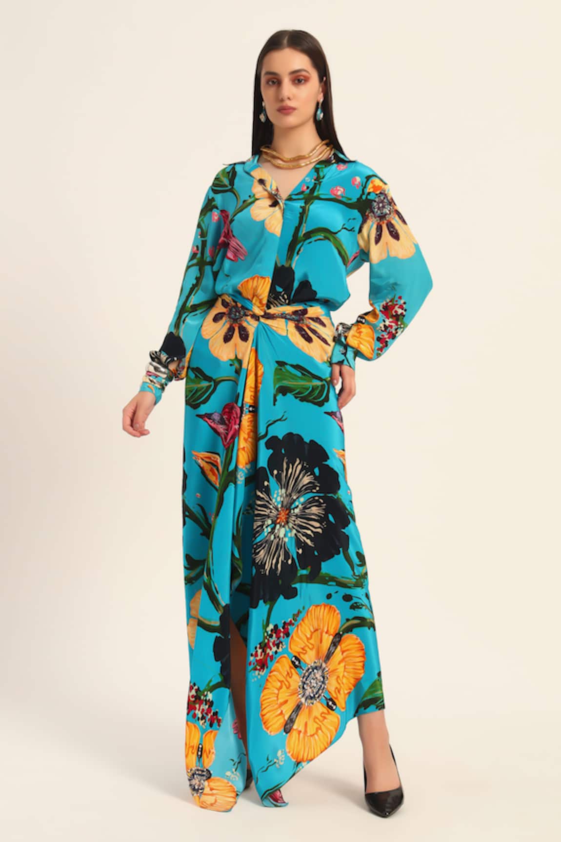 Ruhr India Floral Print Yoko Shirt & Draped Skirt Set 