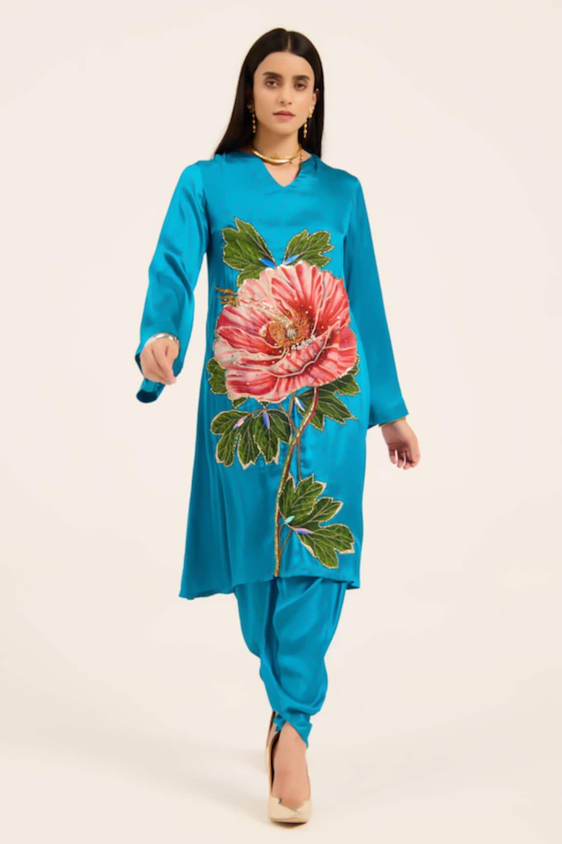 Ruhr India Phirozi Blue Hand Embroidered Kurta Set 