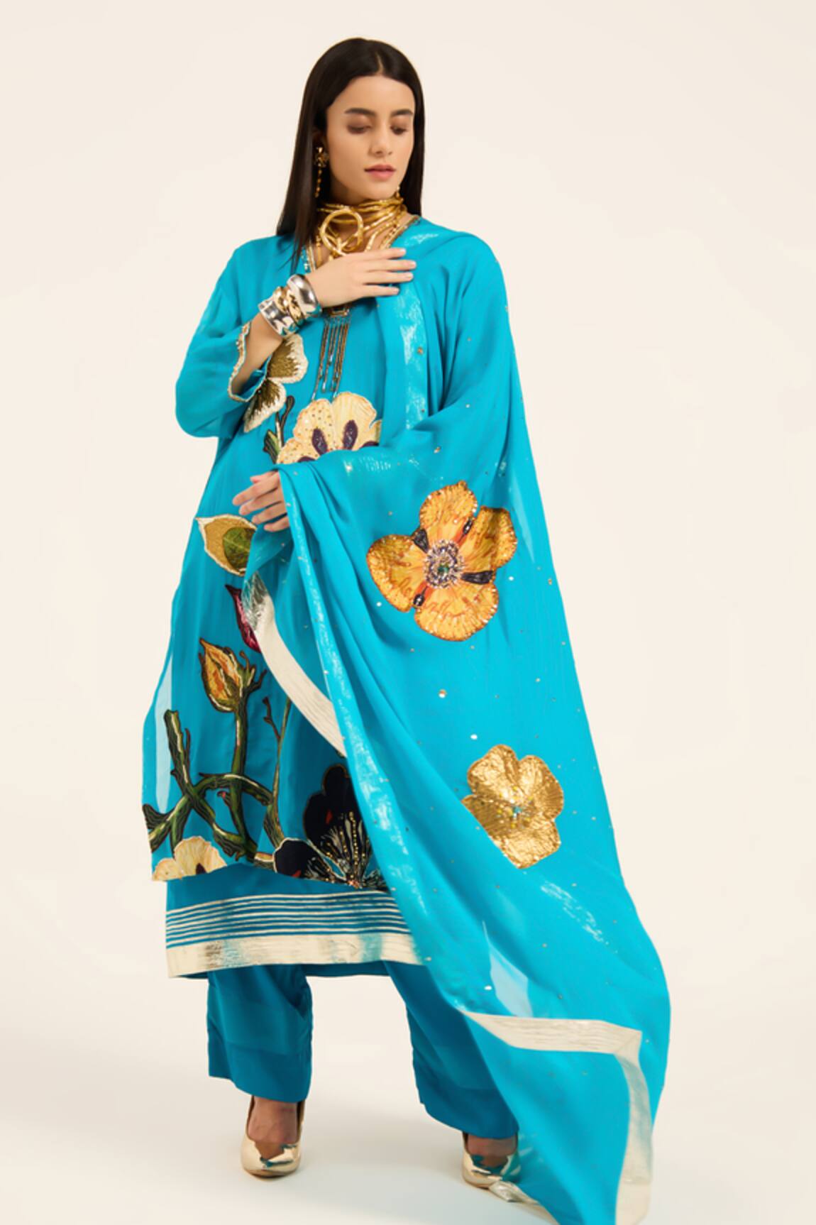Ruhr India Floral Embroidered Phirozi Blue Kurta Set 