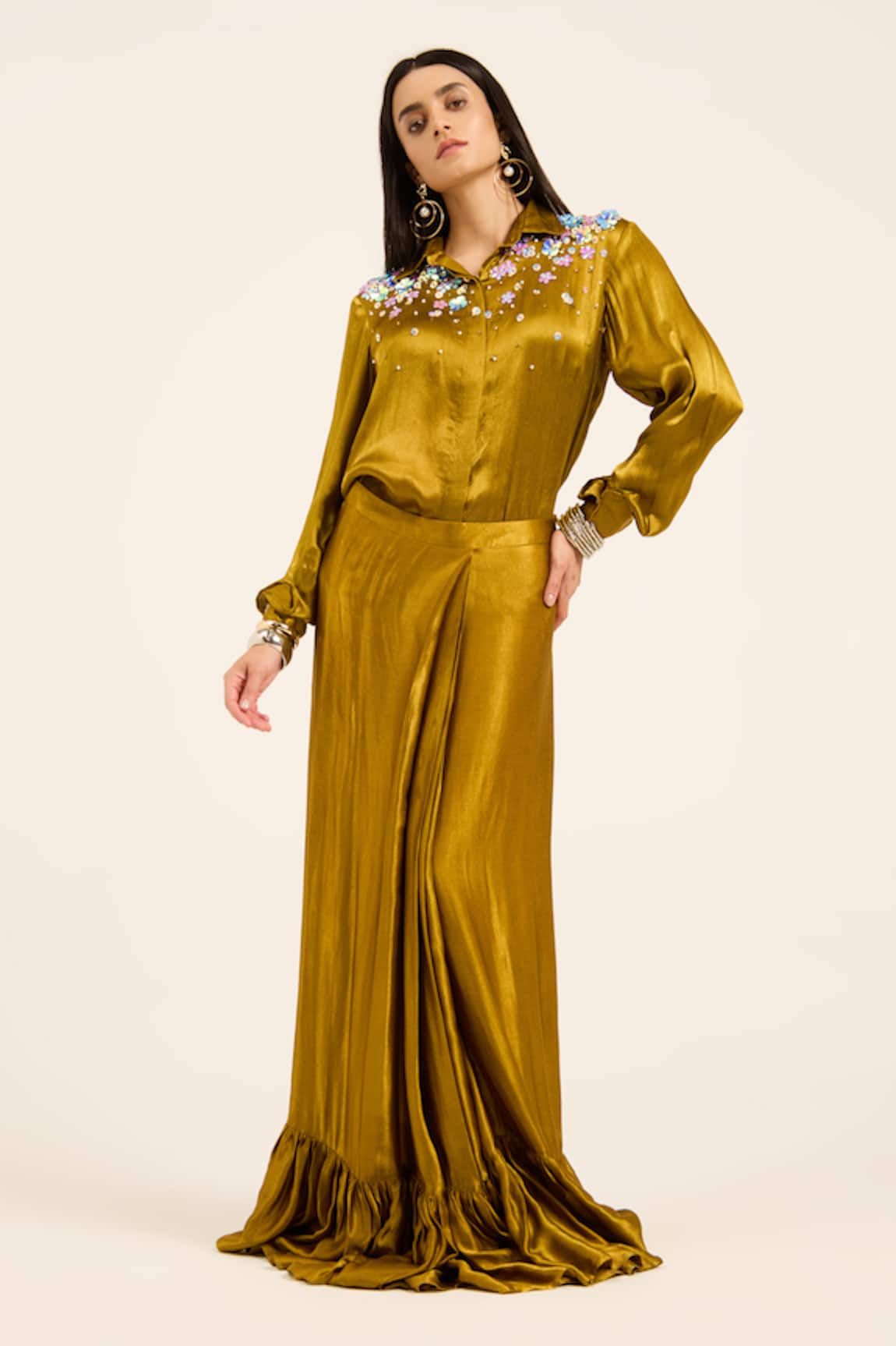 Ruhr India Ochre Yellow Hand Embroidered Shirt & Skirt 