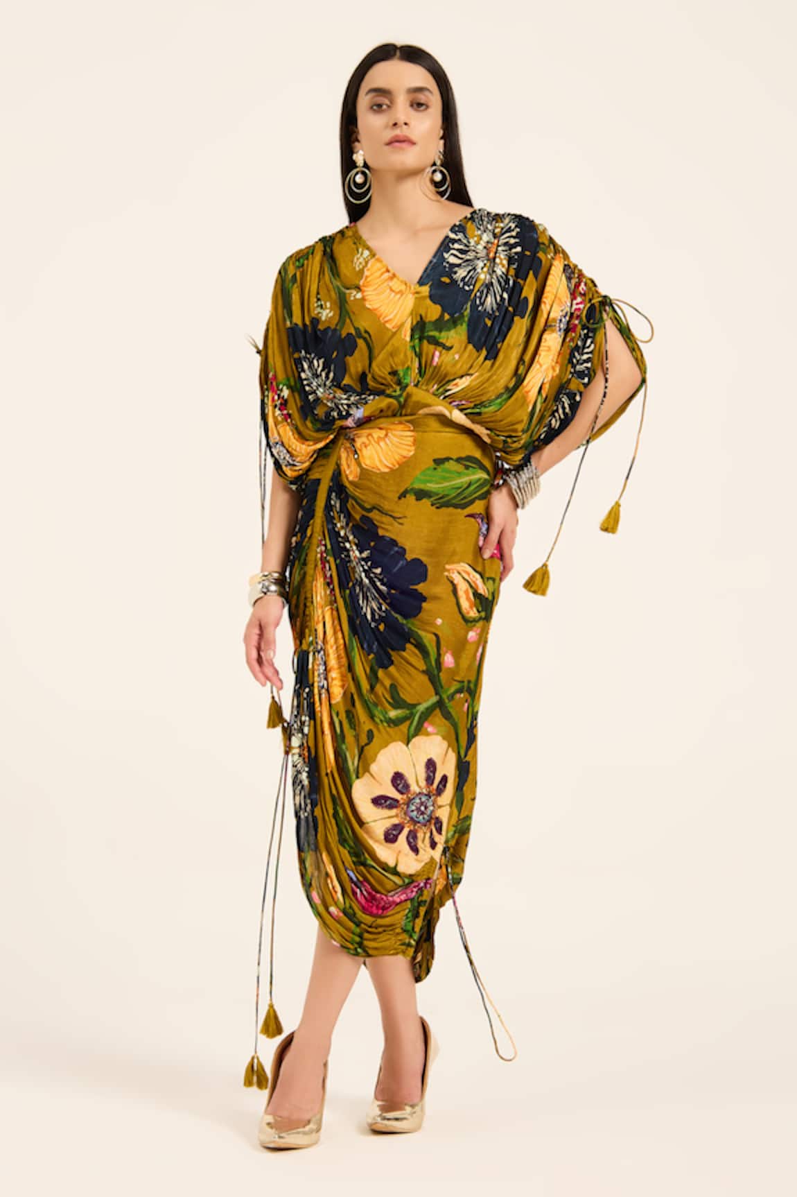 Ruhr India Floral Print Kaftan & Draped Skirt Set 