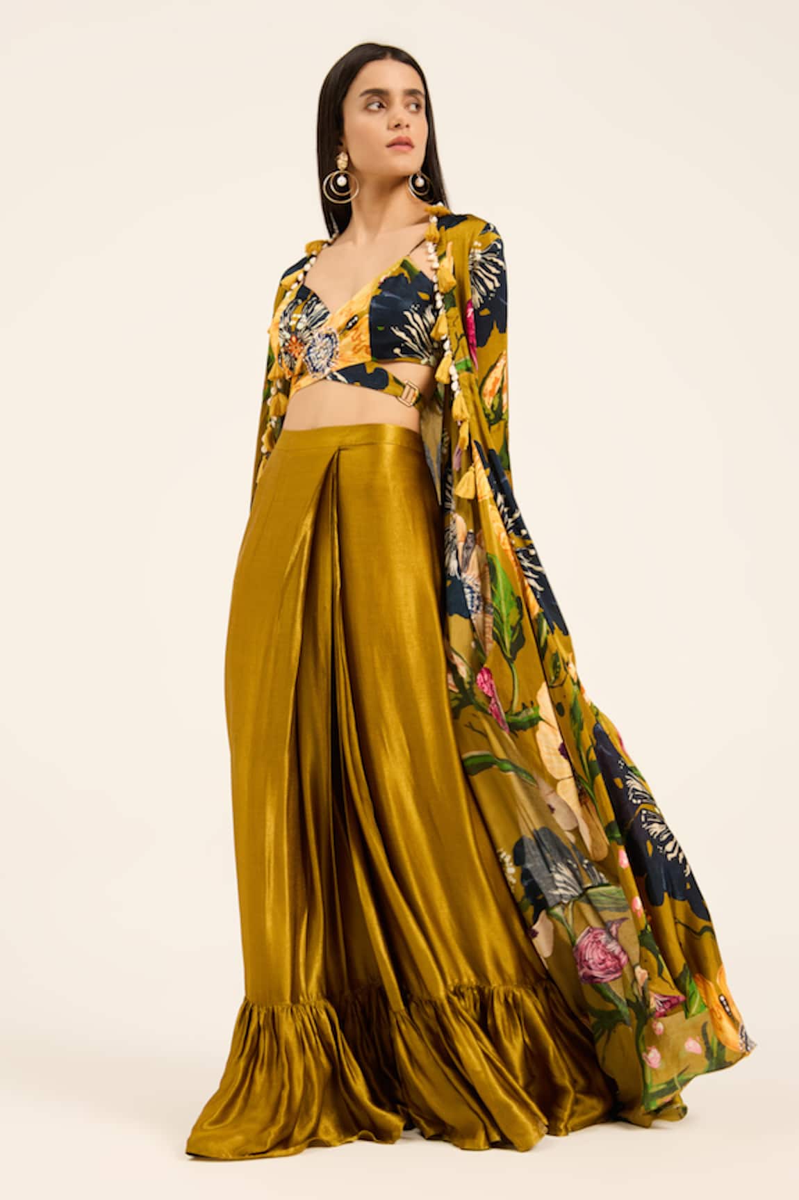 Ruhr India Floral Cape & Draped Skirt Set 