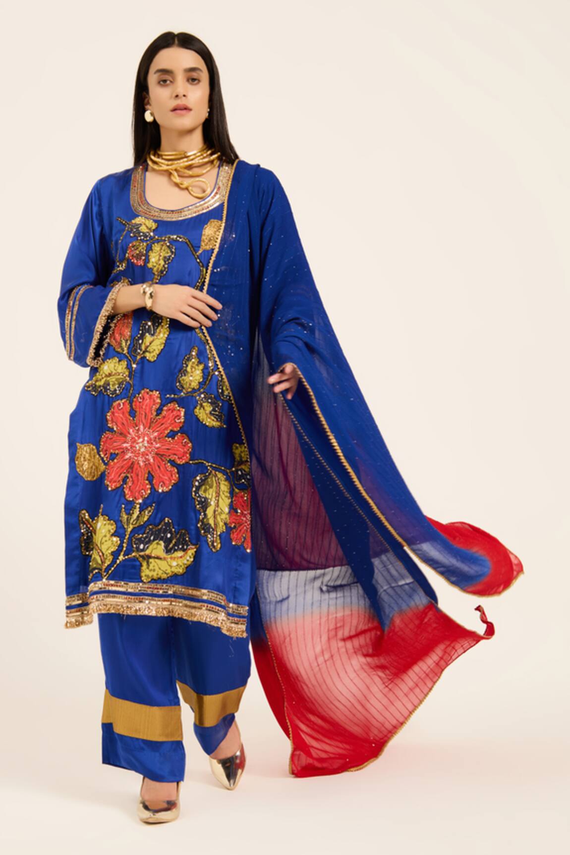 Ruhr India Ink Blue Hand Embroidered Kurta Set 