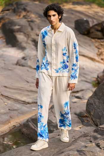 Dash And Dot Designer White & Blue Shirt Pant Set 