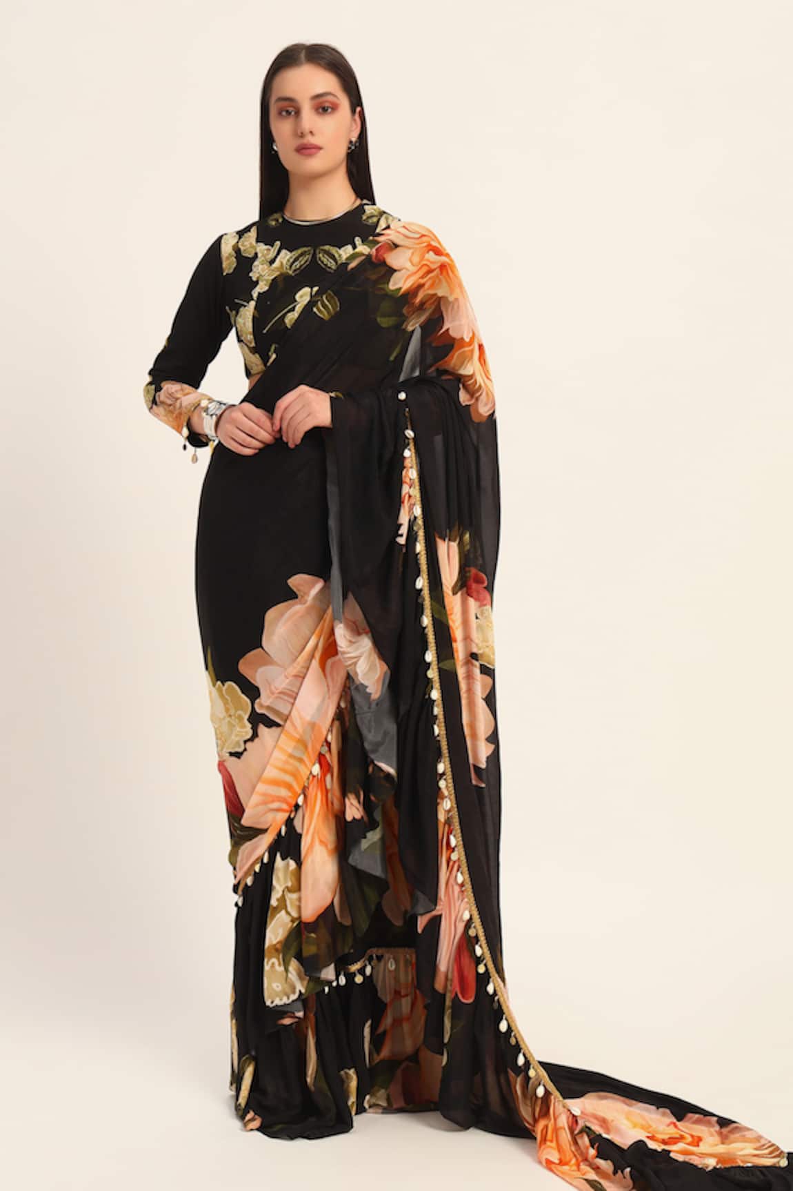 Ruhr India Yuri Floral Pre-Draped Saree Set 