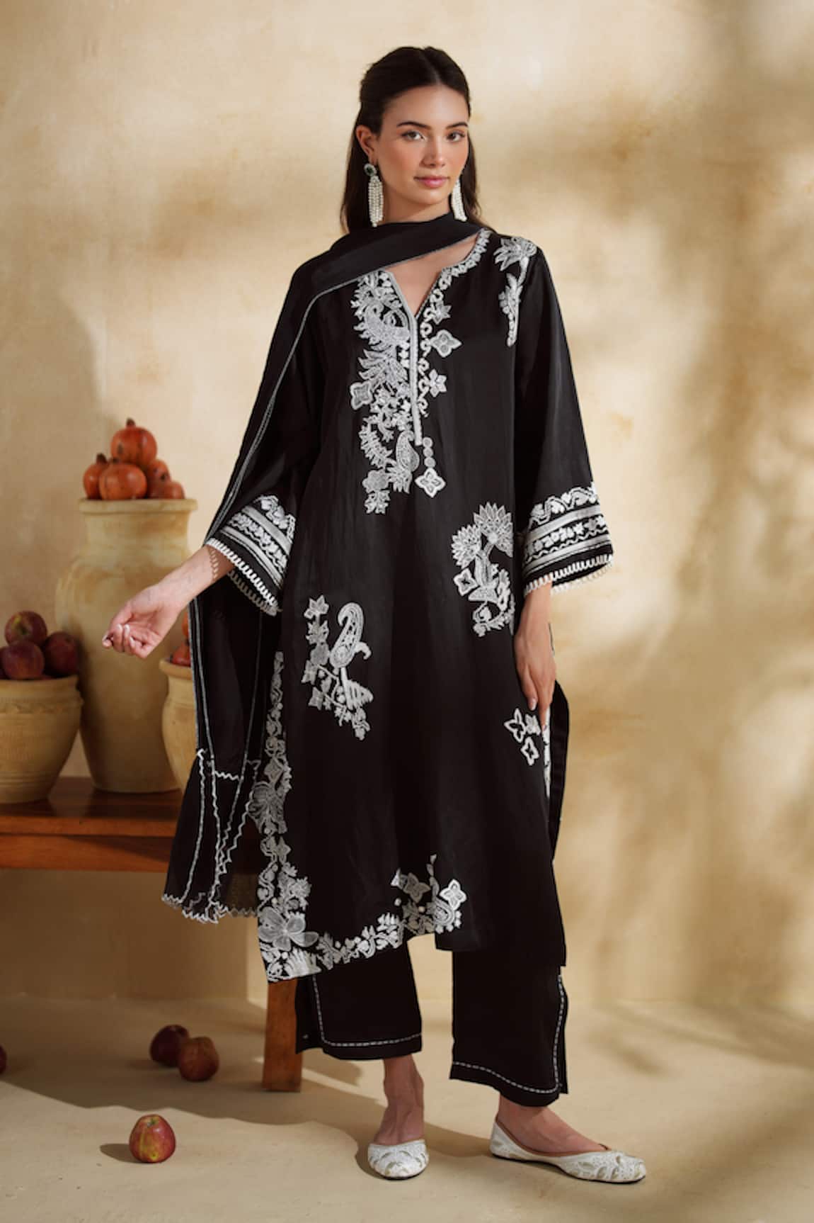 172 Threads Black Embroidered Kurta Set With Dupatta 