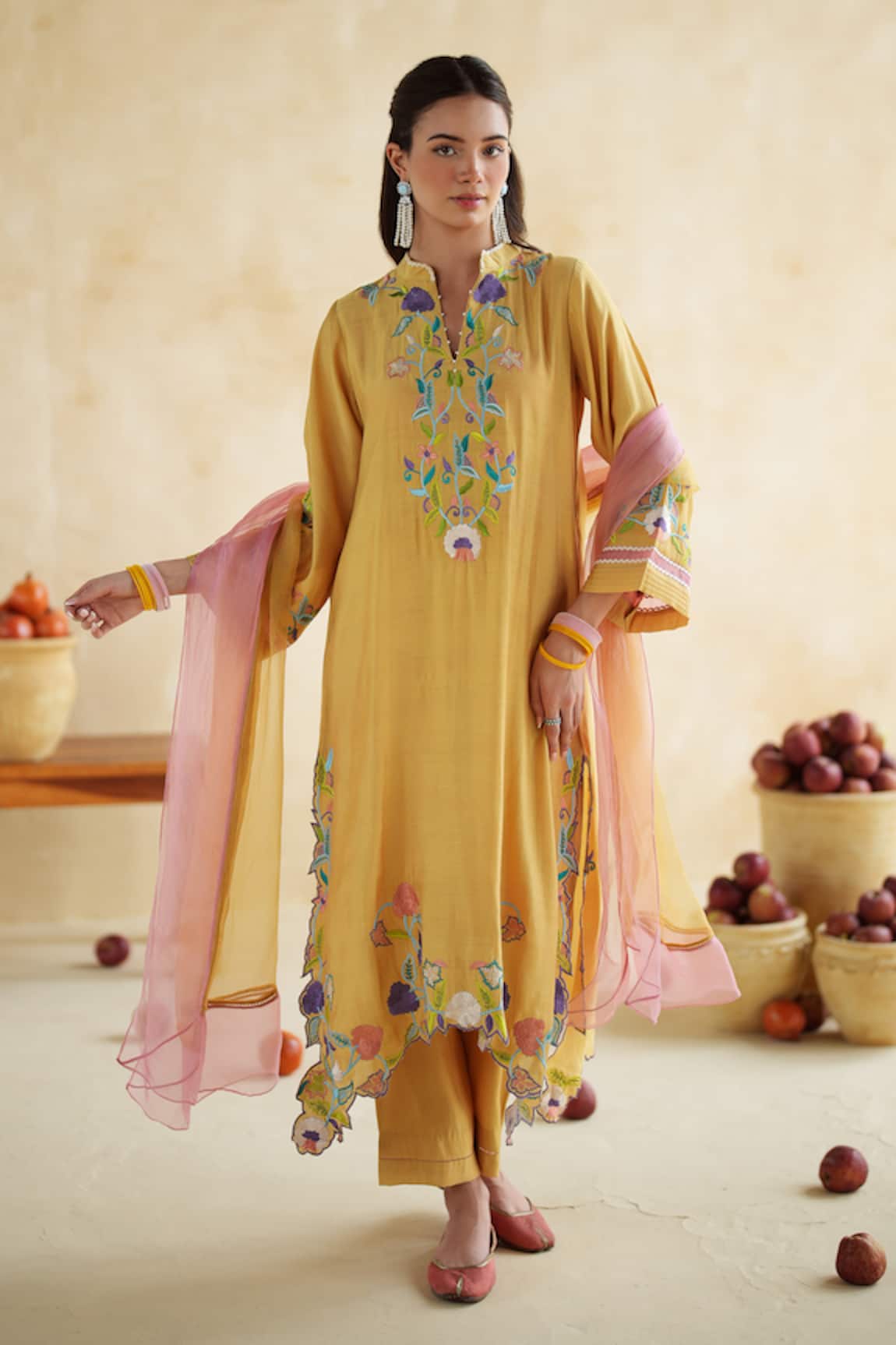 172 Threads Embroidered Mustard Kurta Palazzo Set 