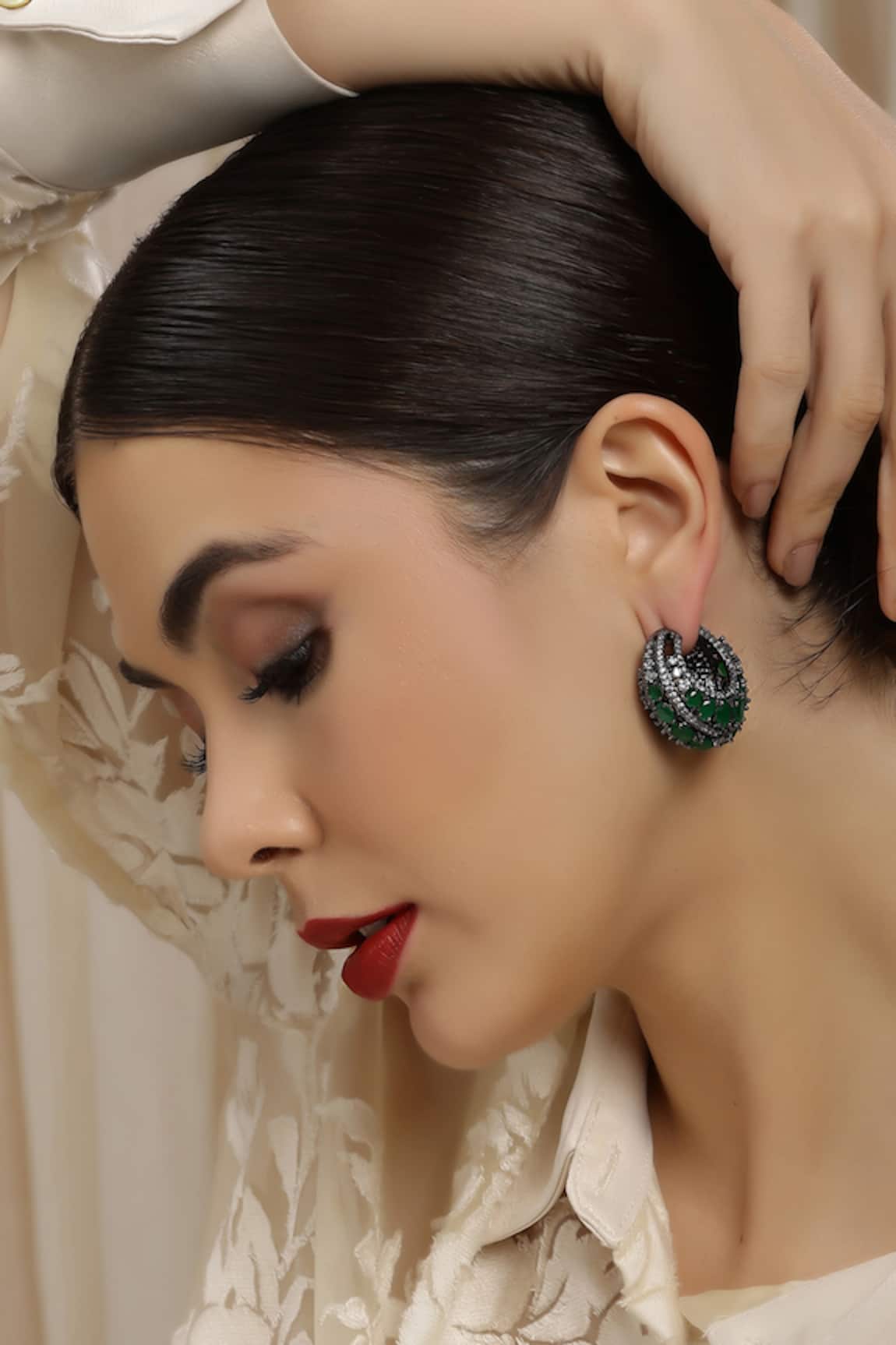 Ruby Raang Green Half Loop Earrings 