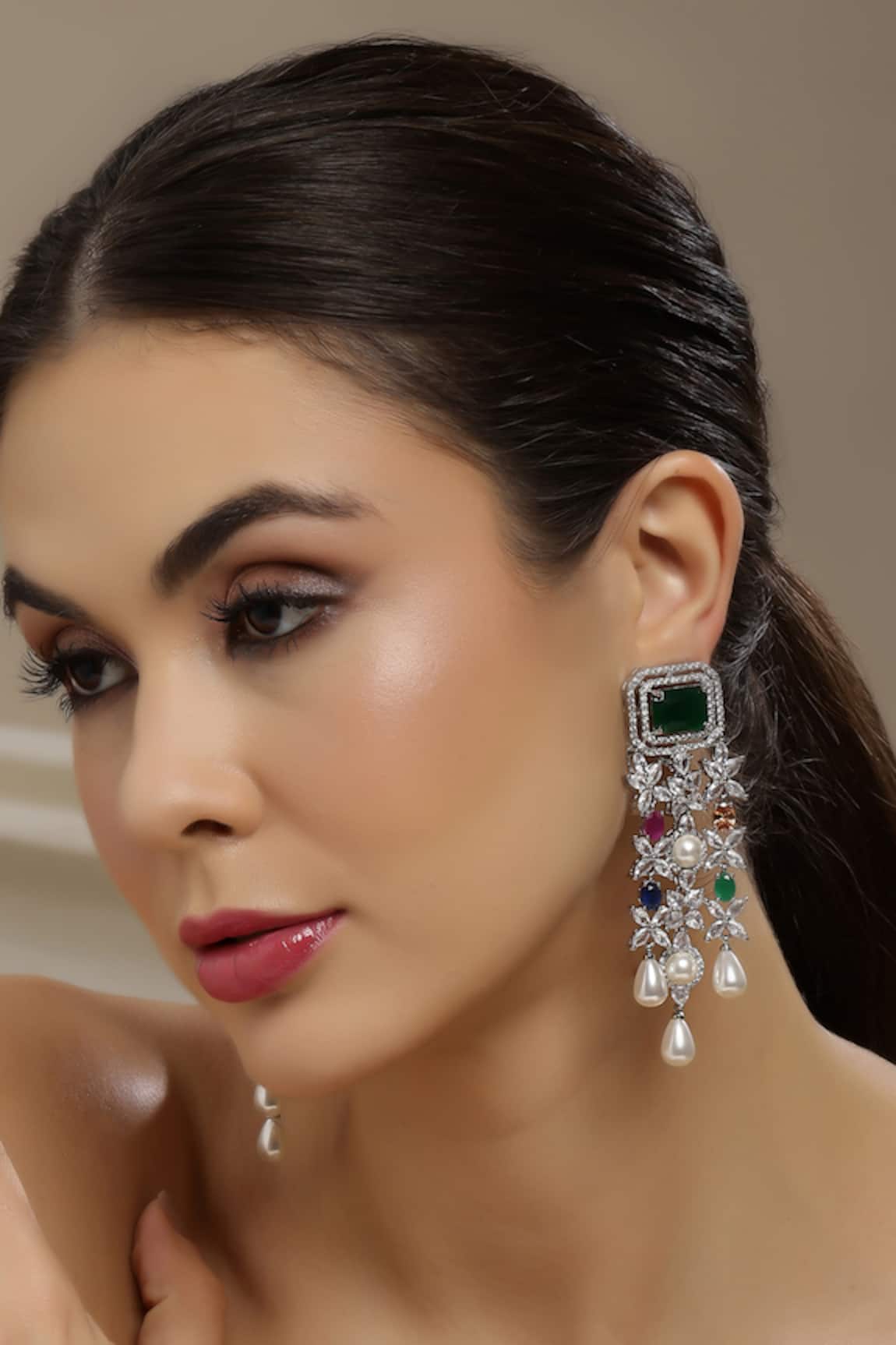 Ruby Raang Long Multi Stone Earrings with Pearl Drops 