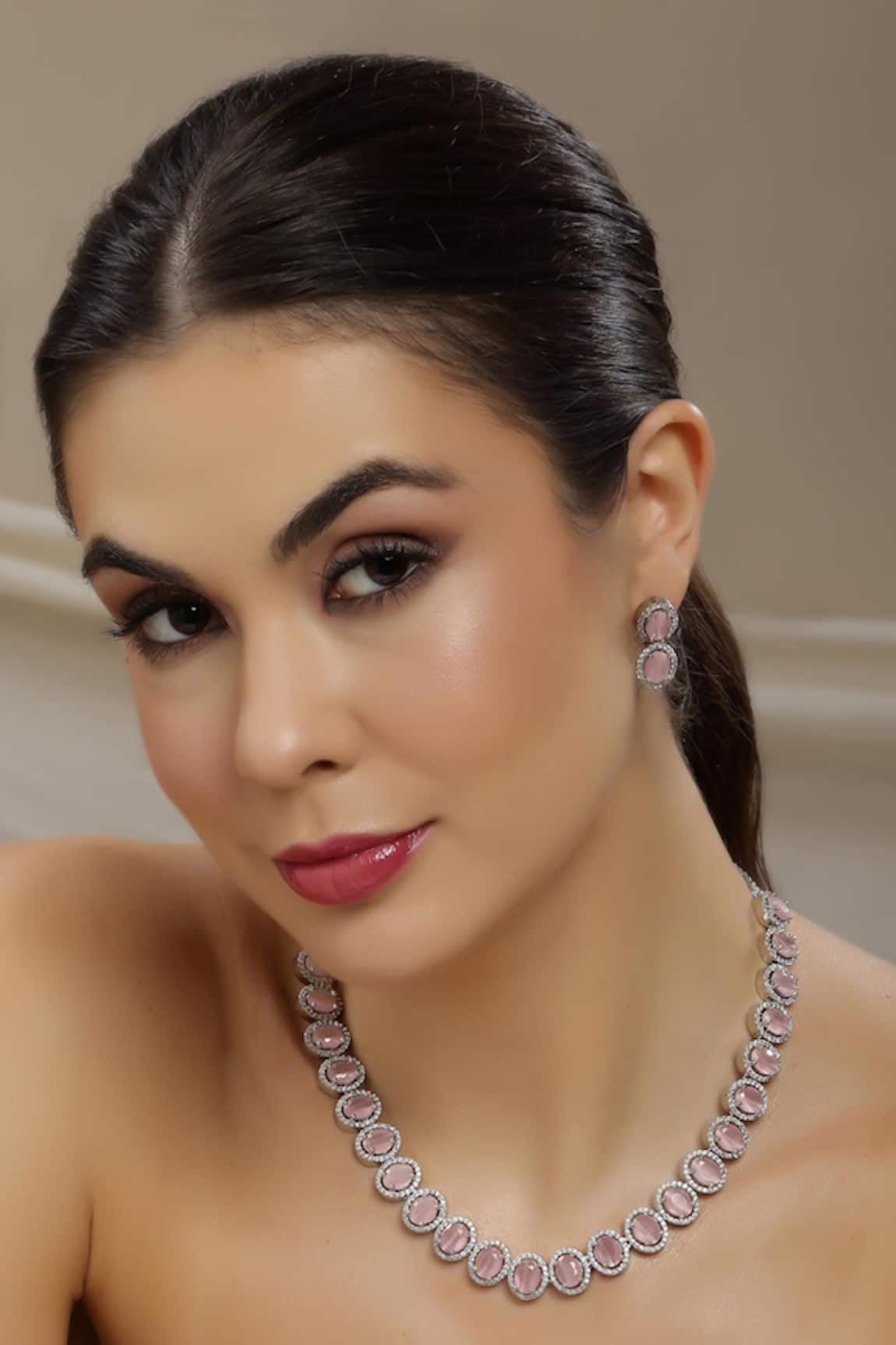 Ruby Raang Pink Designer Necklace & Earring Set 
