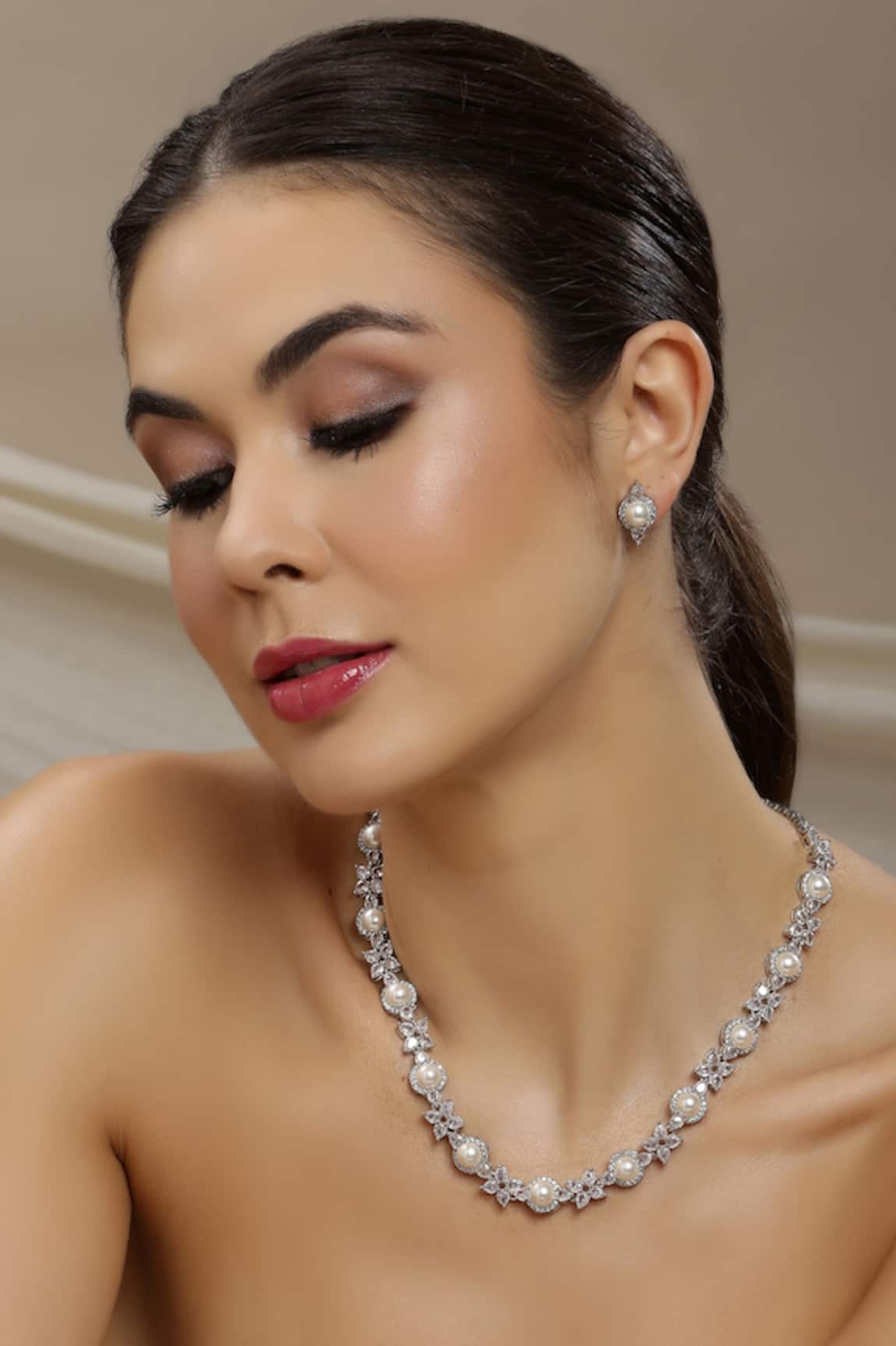 Ruby Raang Pearl Embellished Necklace Set 