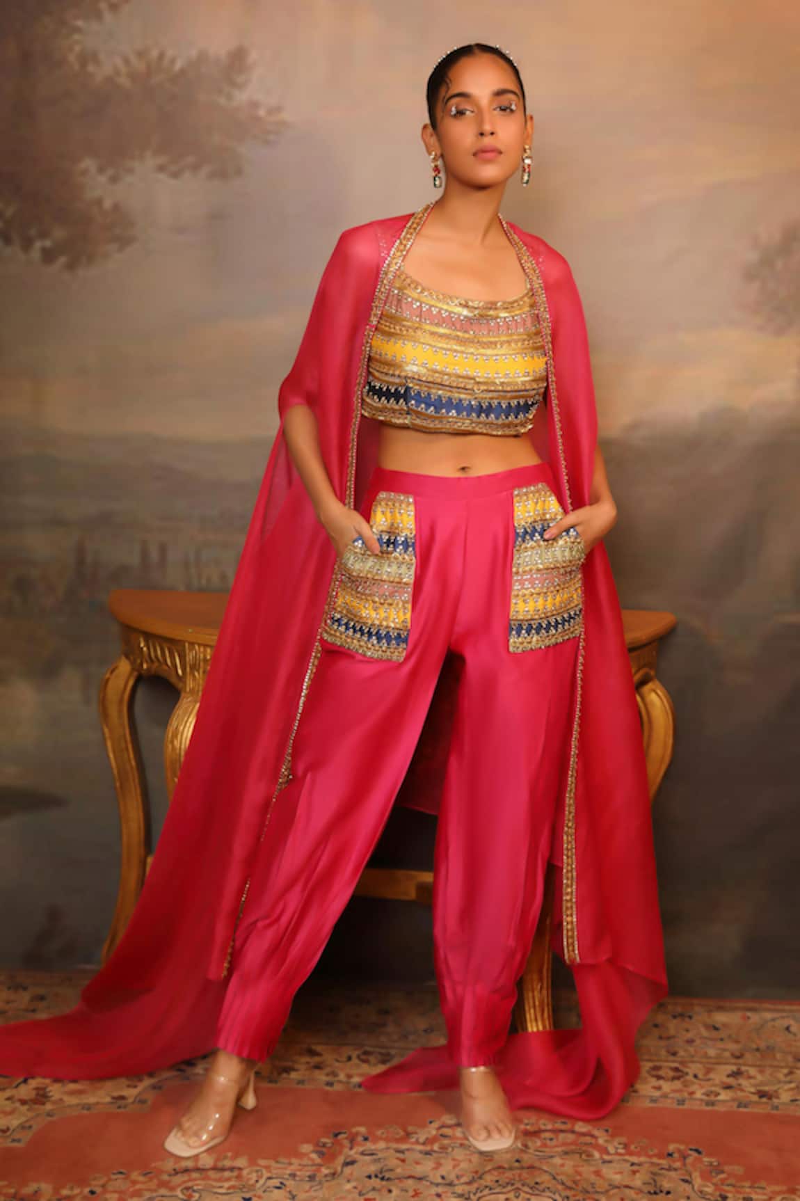Jigya Japra Magenta Organza Cape Set 