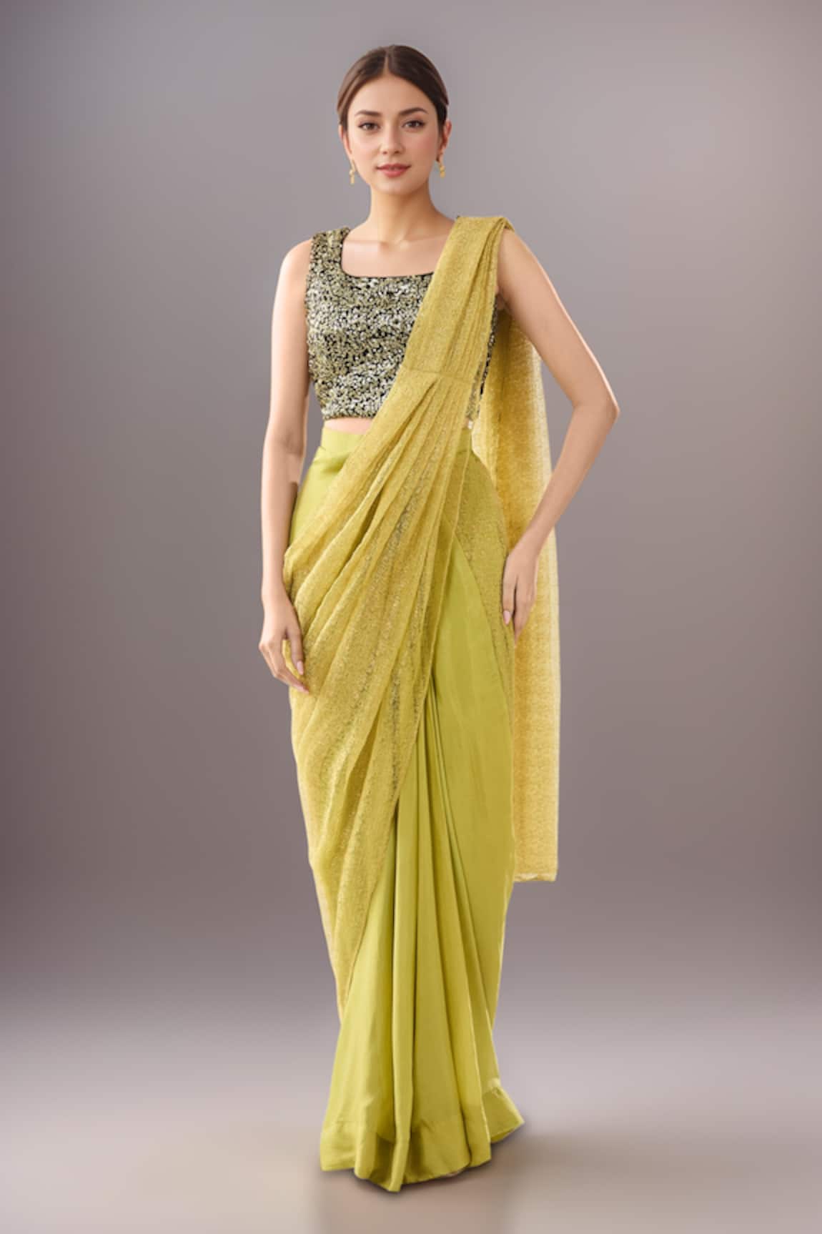 Samyukta Singhania Green Pre-Draped Saree & Blouse Set 