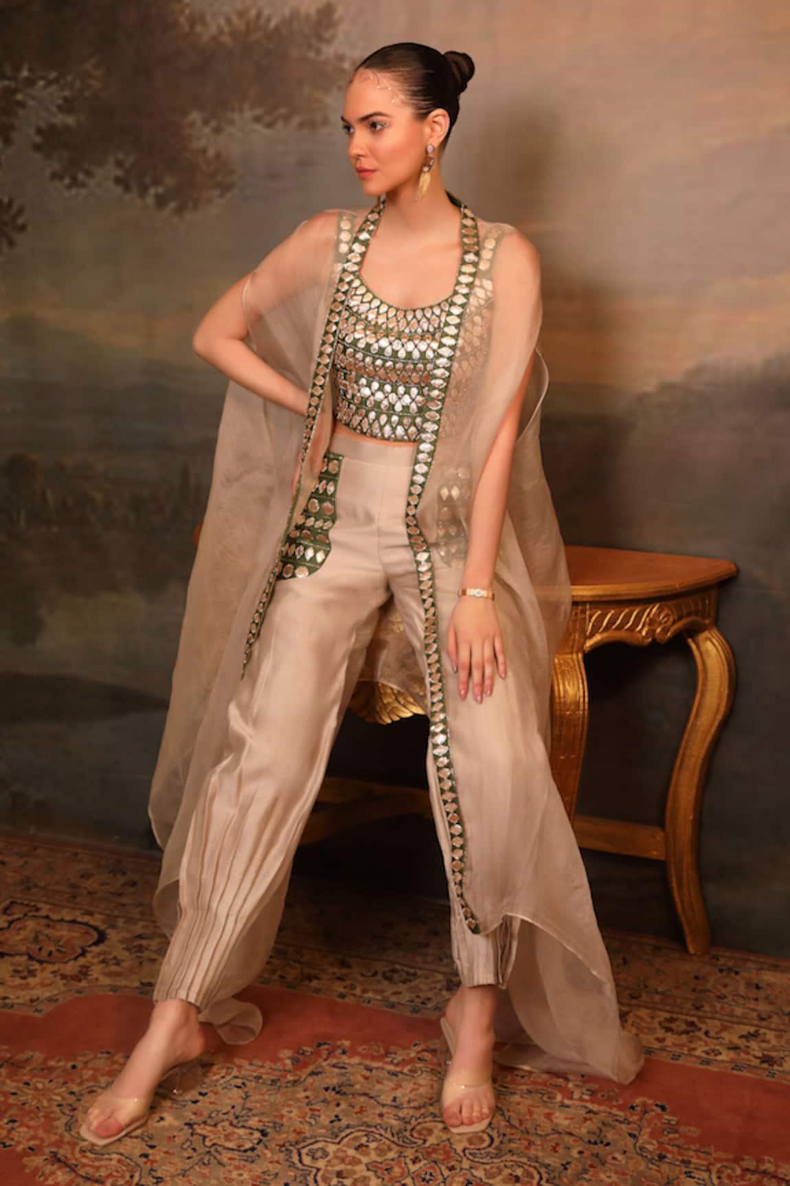 Jigya Japra Beige Chanderi Silk Cape Set 