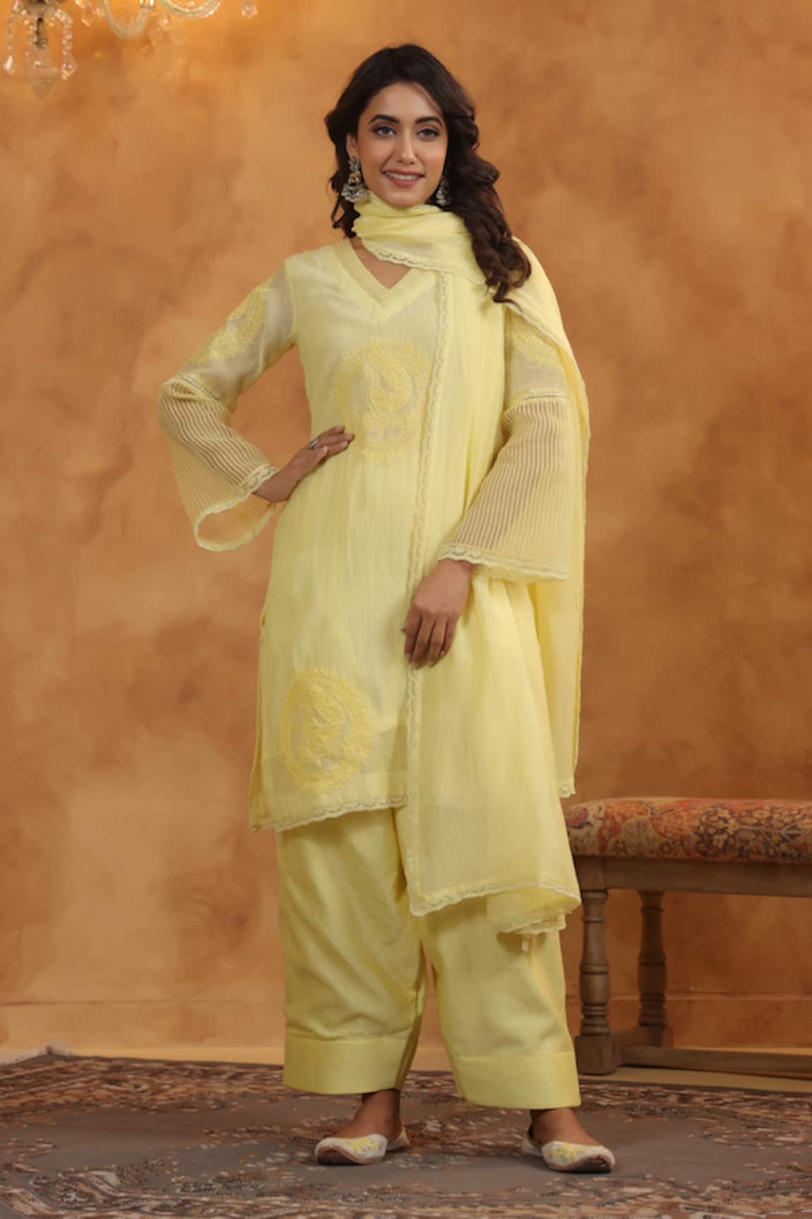 Anshu Wadhwa Designer Lemon Yellow Chanderi Kurta Set 