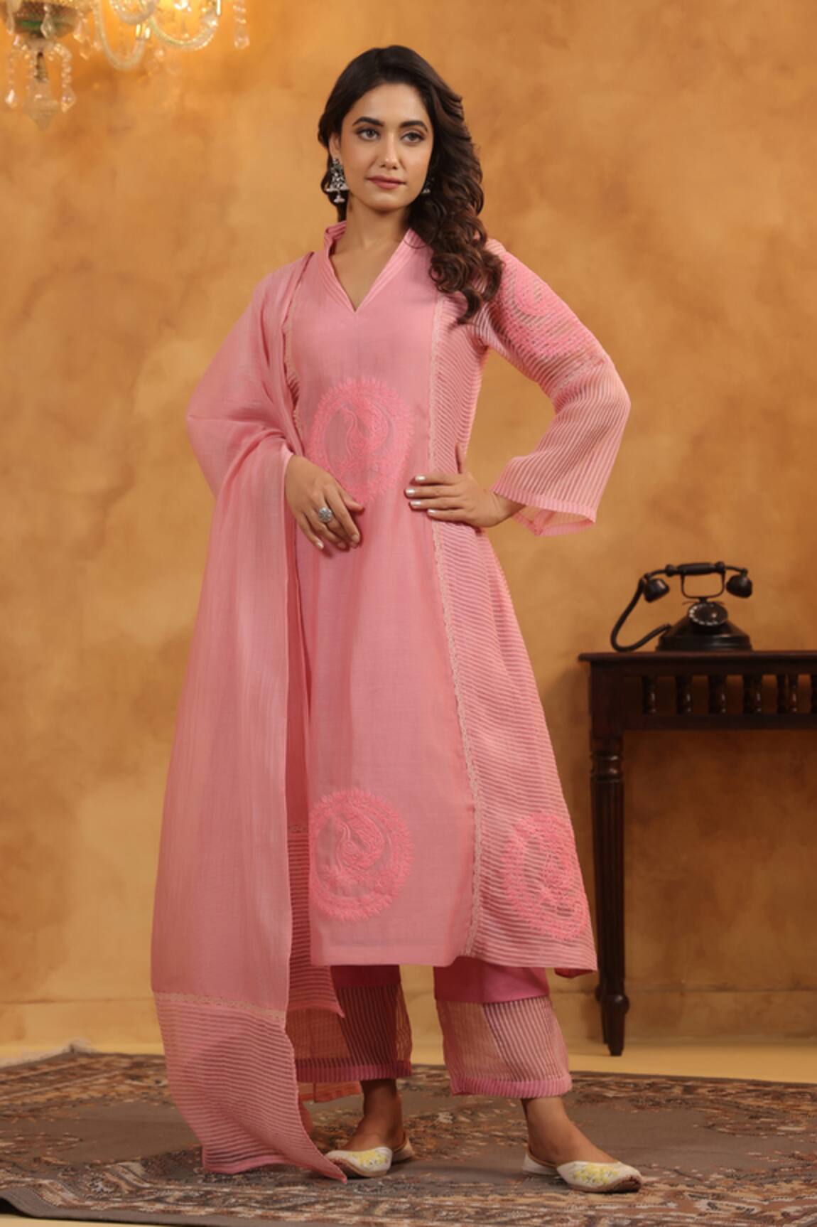 Anshu Wadhwa Pink Chanderi Kurta & Organza Dupatta Set 