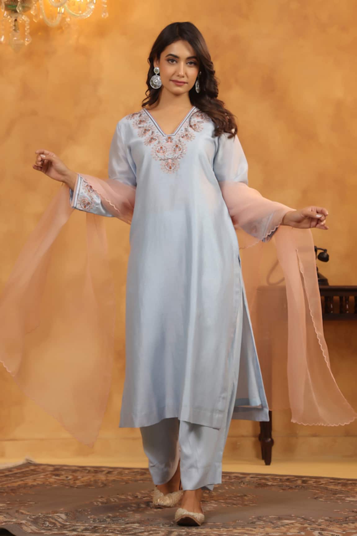 Anshu Wadhwa Aqua Blue Silk Chanderi Kurta Set 