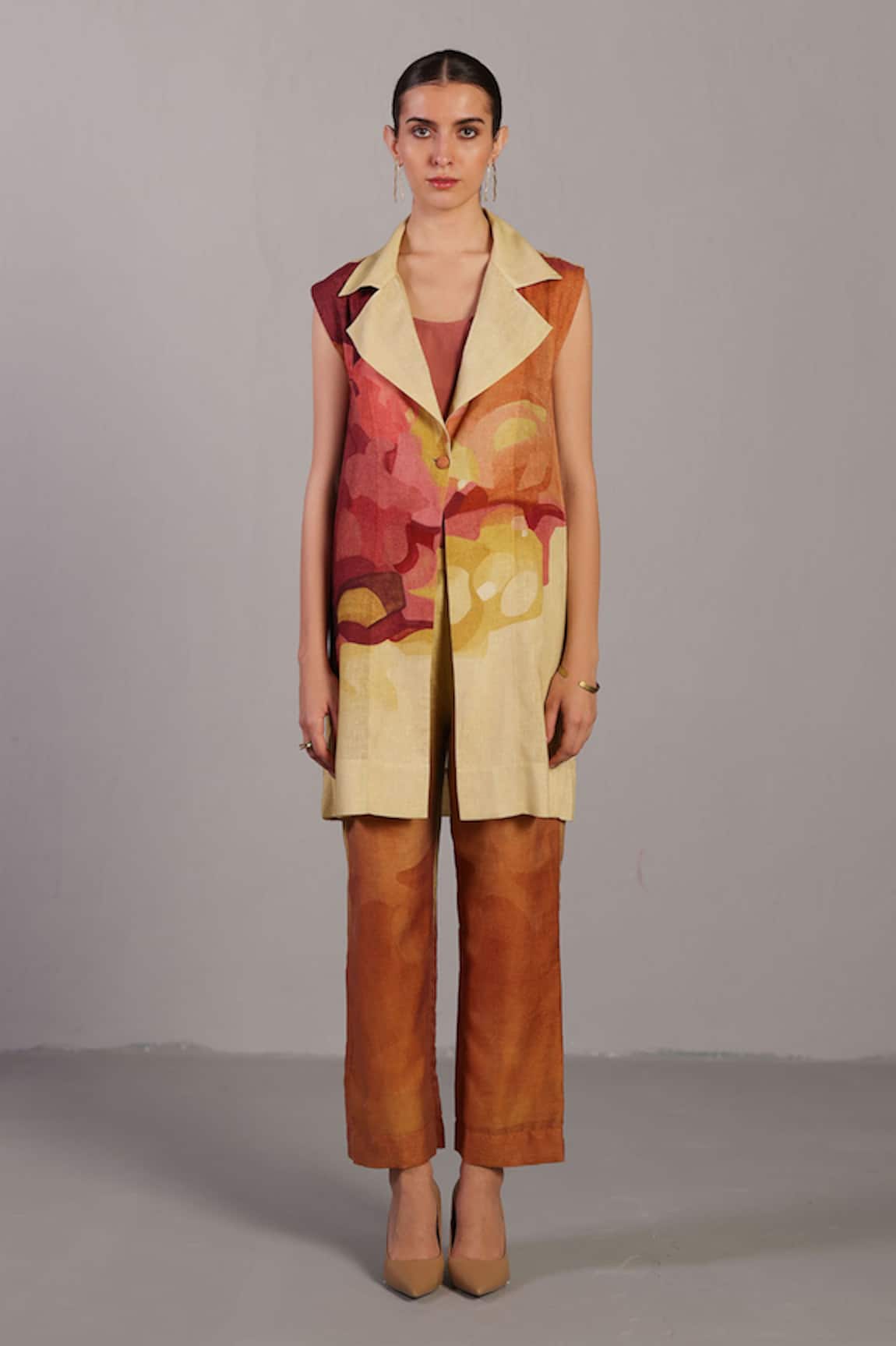 Clos Designer Wine & Cream Jacket Pant Set 