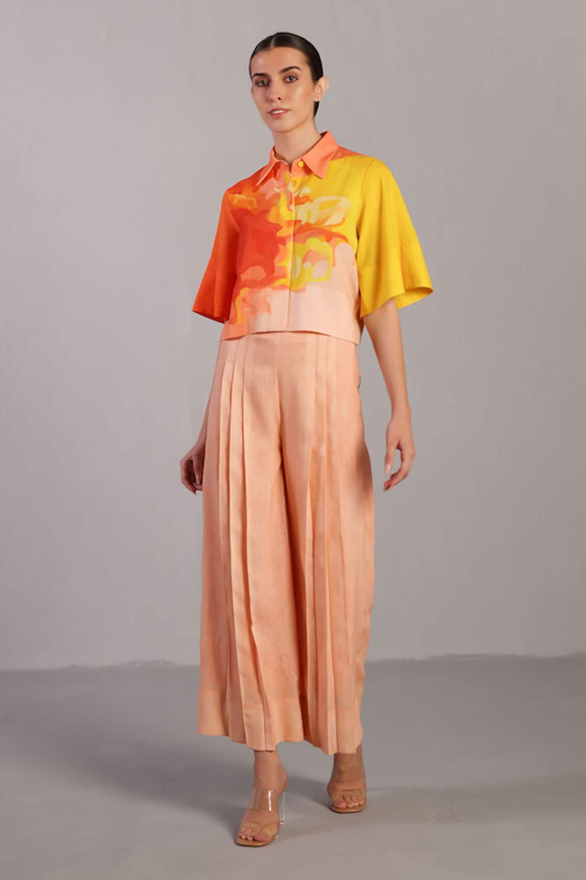 Clos Bright Orange & Yellow Crop Top Pant Set 