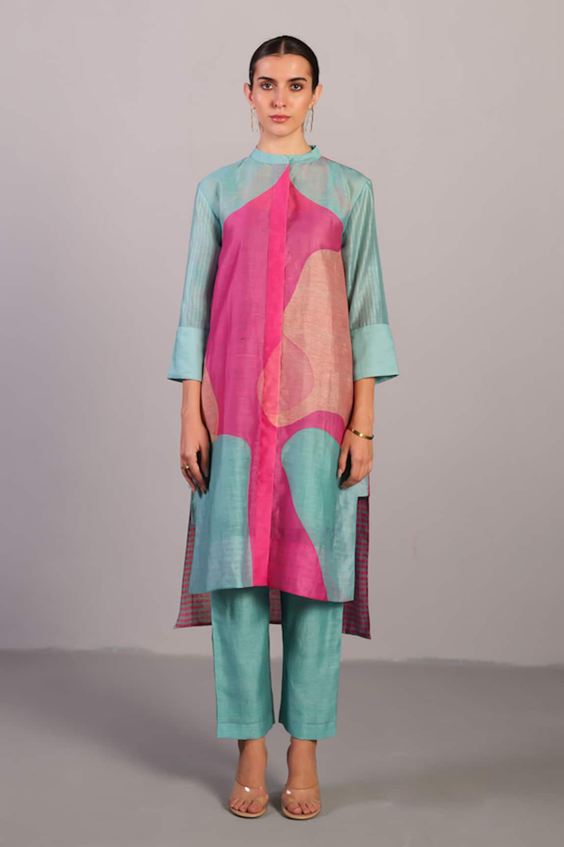 Clos Designer Pink & Blue Linen Silk Kurta Set 
