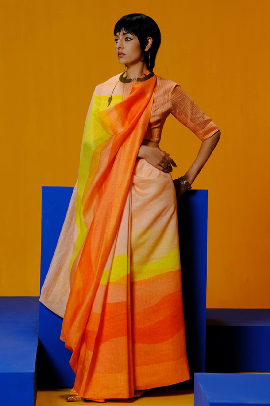 Clos Bright Orange & Yellow Linen Silk Saree Set 