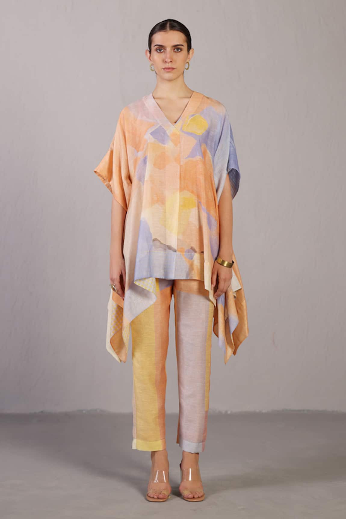 Clos Soft Blue & Orange Designer Kurta Pant Set 