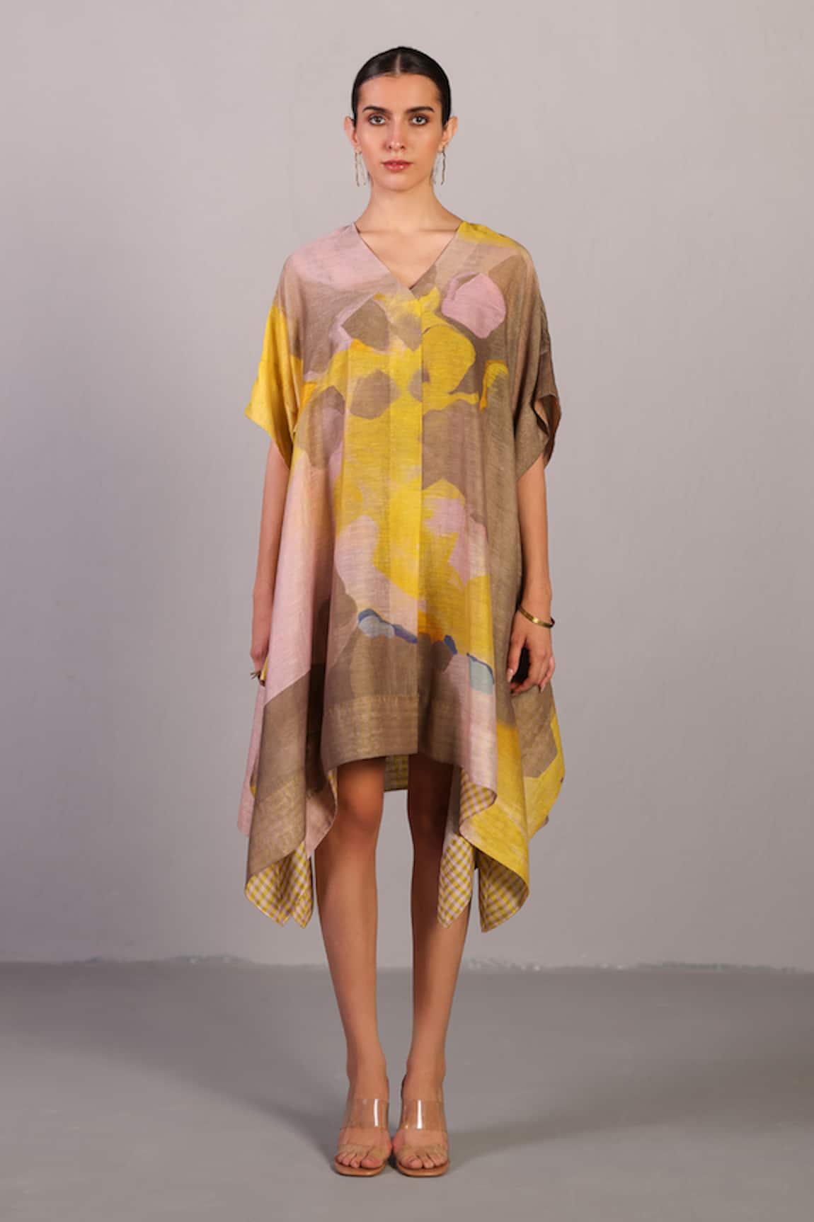 Clos Designer Smoky Beige & Yellow Kurta Set 