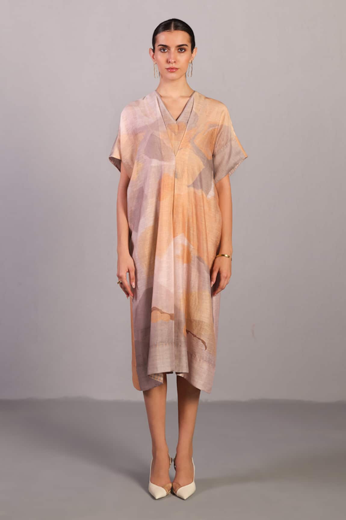 Clos Soft Grey & Orange Linen Silk Dress 