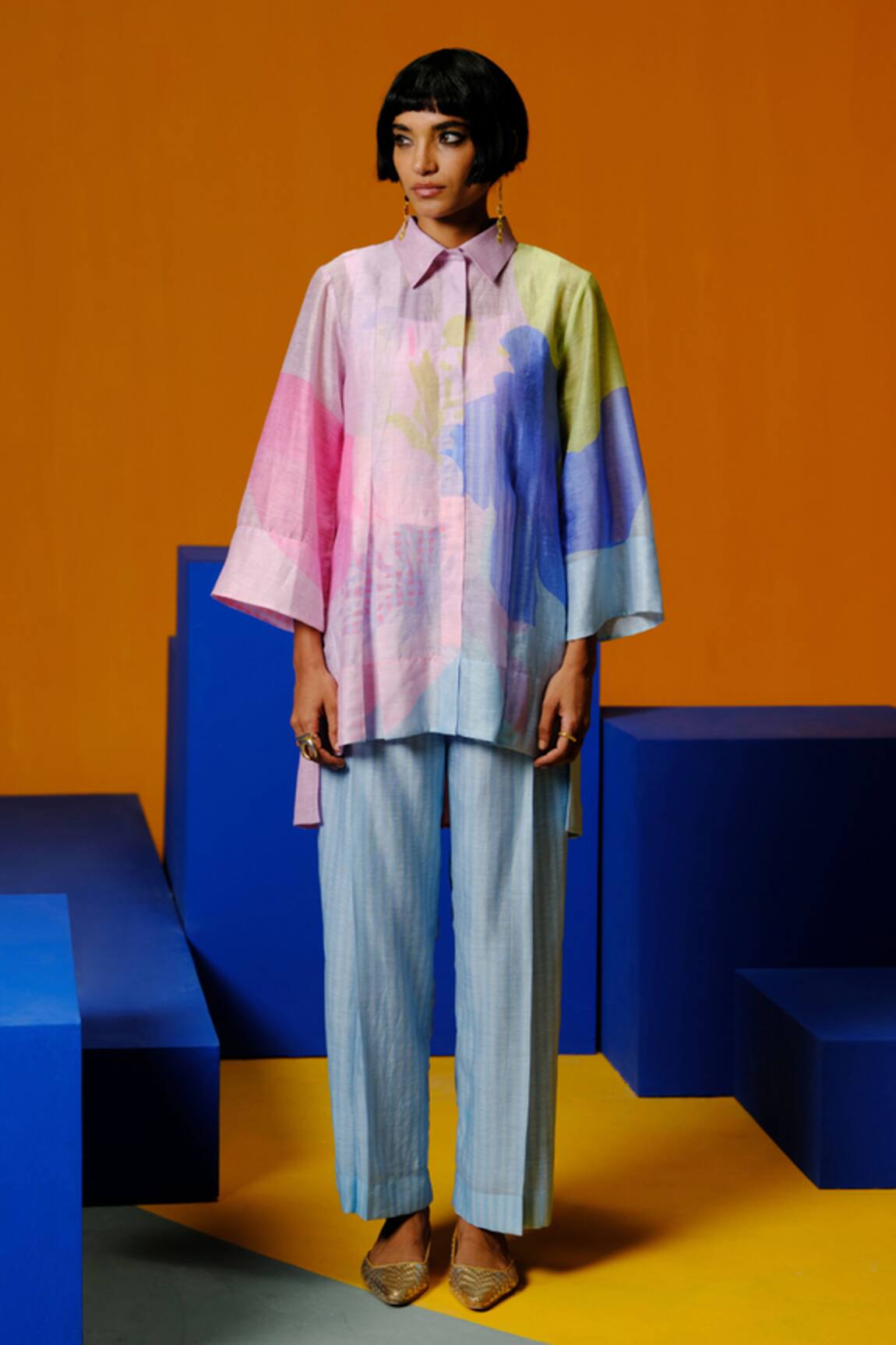 Clos Designer Linen Silk Shirt Tunic & Pant Set 