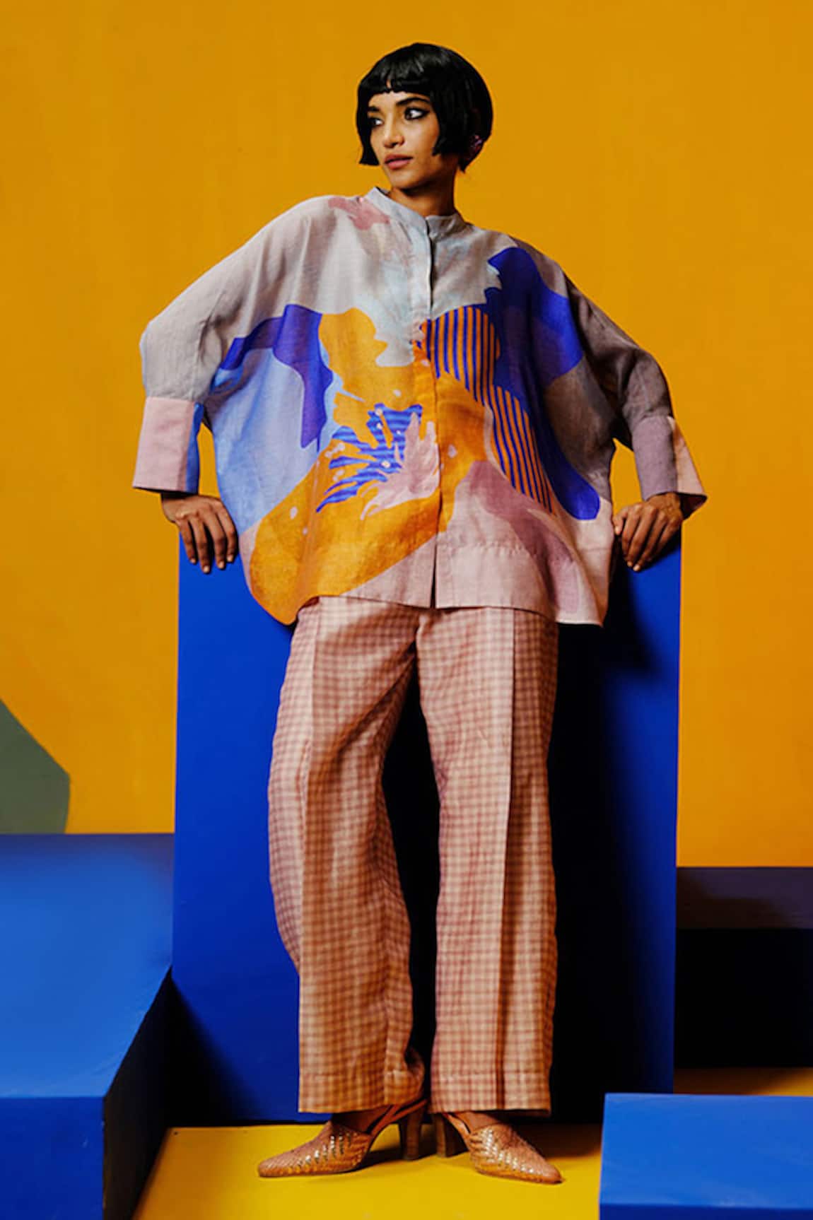 Clos Cobalt Blue & Apricot Printed Tunic Pant Set 