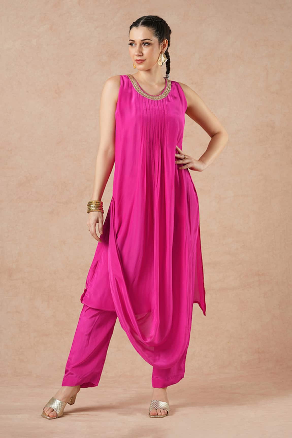 Dori & CO. Hot Pink Silk Crepe Kurta & Pants Set 