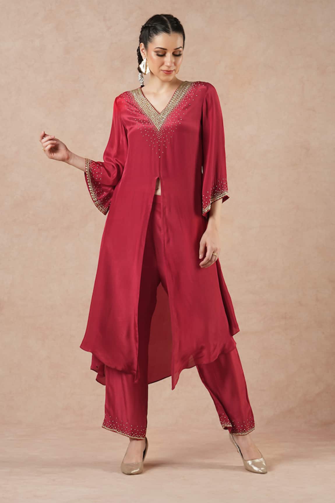 Dori & CO. Ruby Red Silk Crepe Kurta & Pants Set 