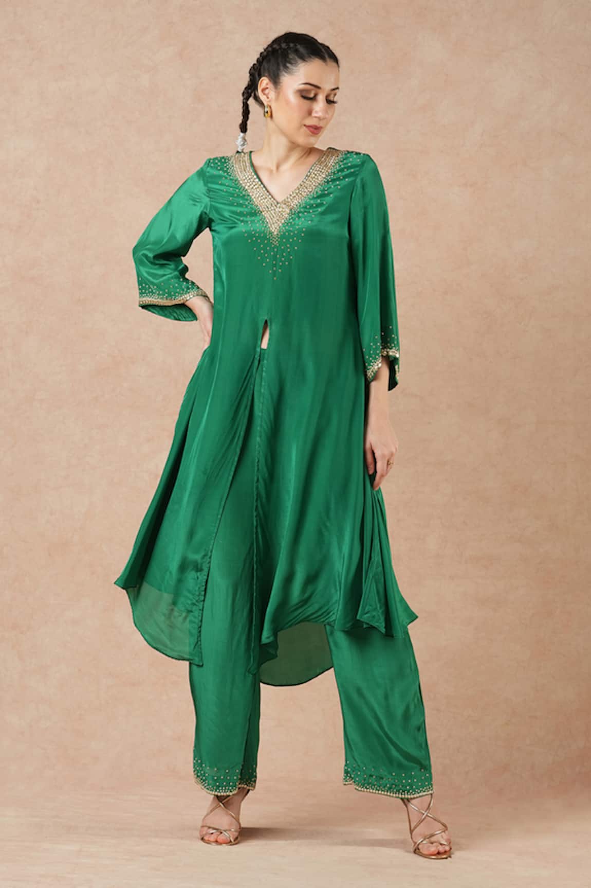 Dori & CO. Emerald Green Silk Crepe Kurta Set 