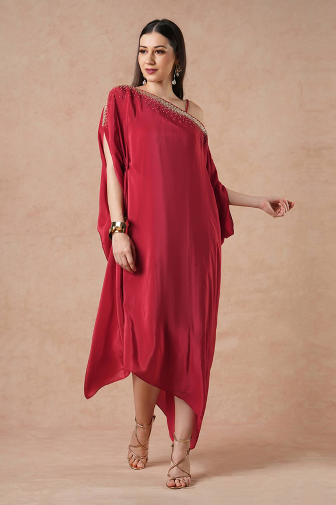 Dori & CO. Ruby Red Metal Hand Embroidered Kaftan 