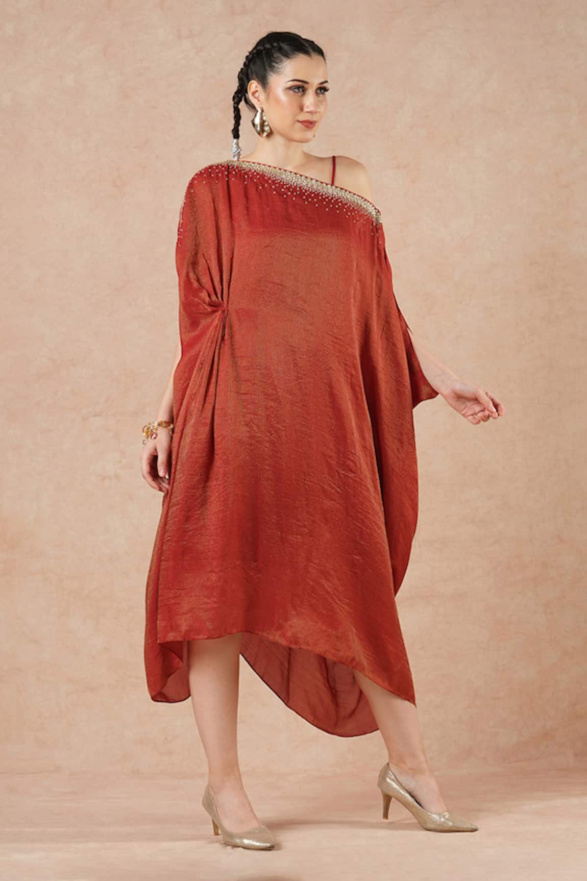 Dori & CO. Ruby Red Metal Hand Embroidered Kaftan 
