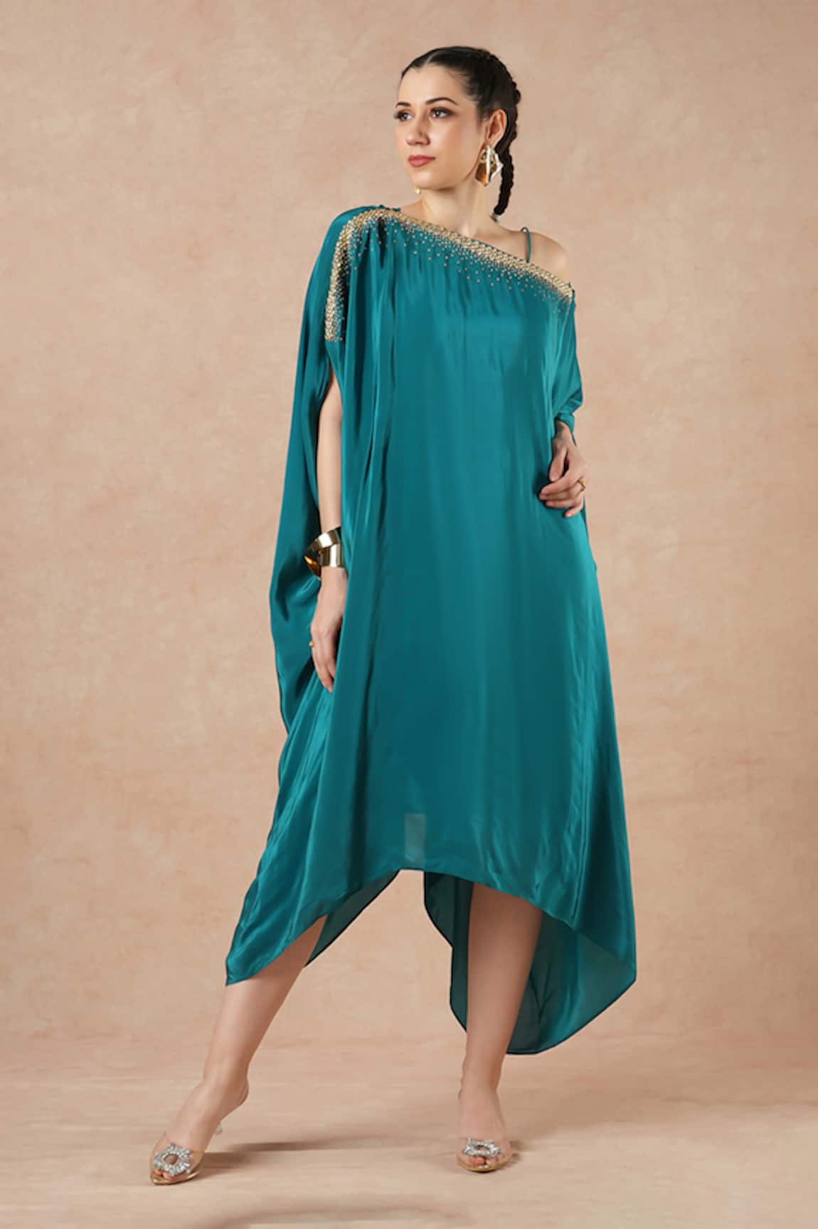 Dori & CO. Teal Blue Metal Hand Embroidered Kaftan 