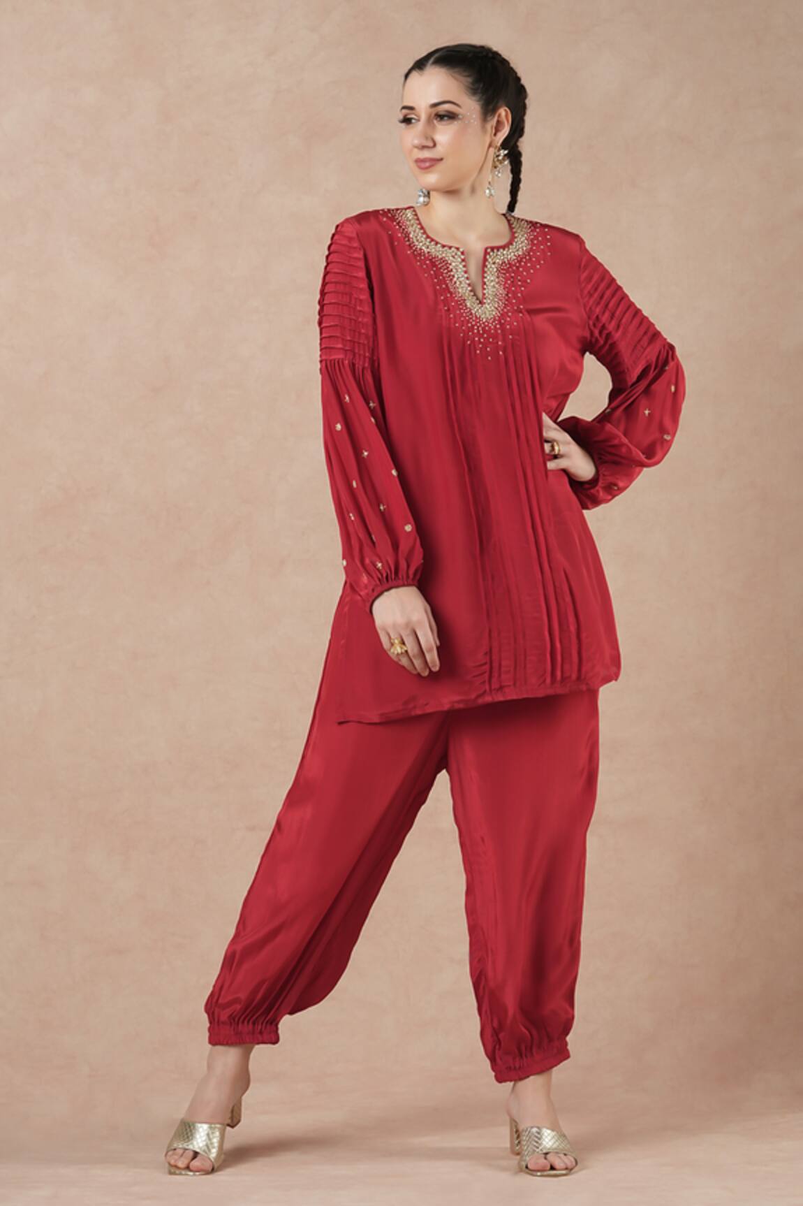Dori & CO. Ruby Red Metal Hand Embroidered Kurta Set 