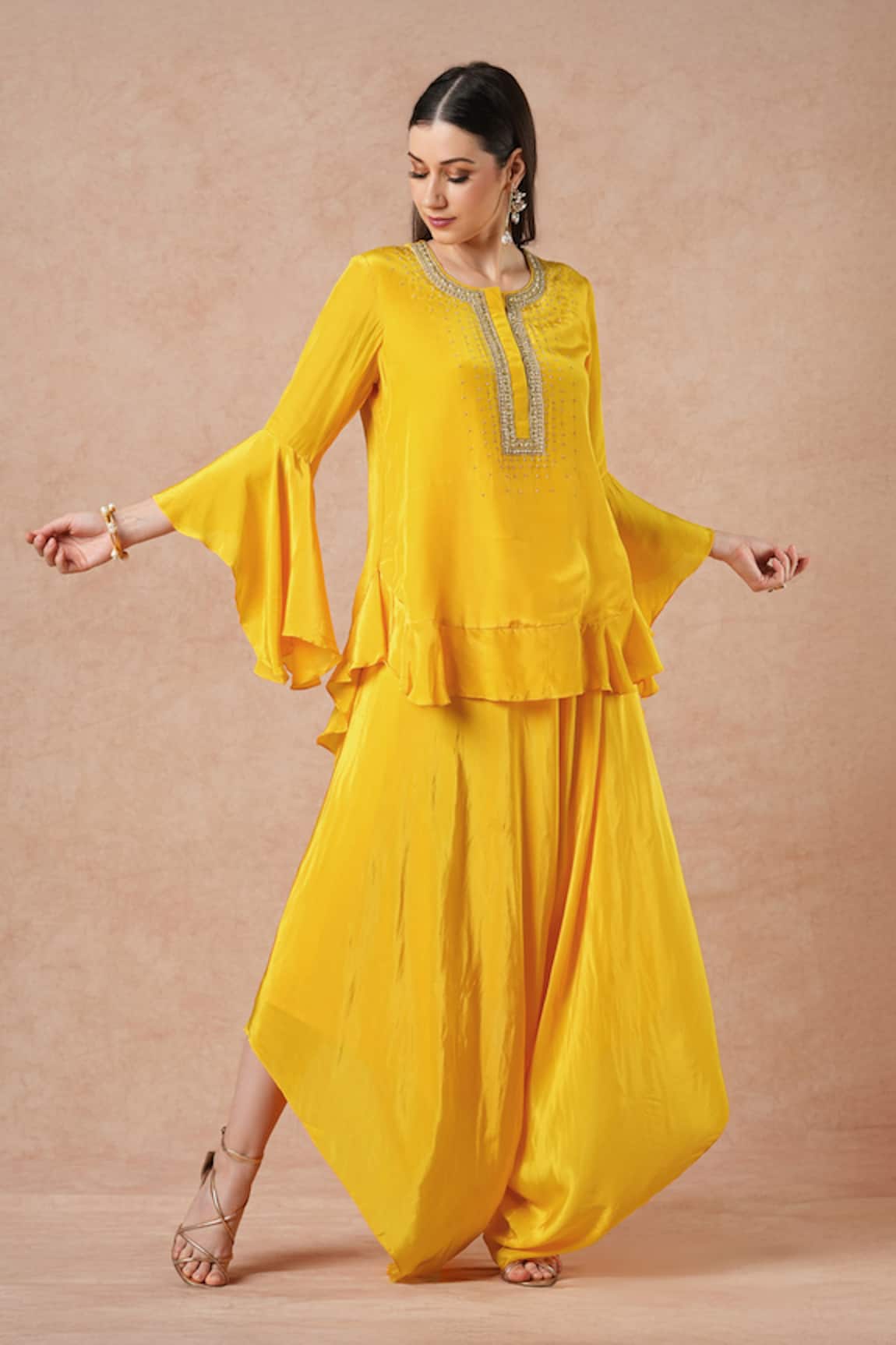 Dori & CO. Golden Yellow Silk Crepe Kurta & Pants Set 