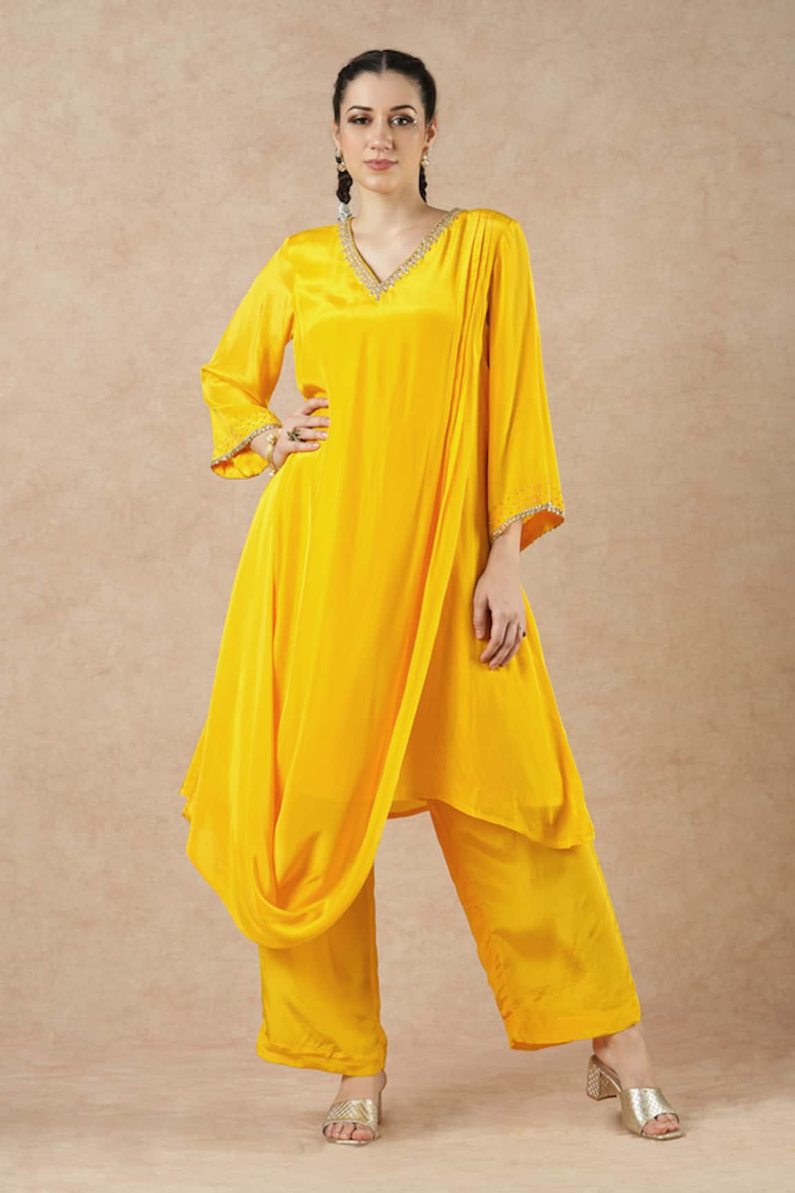 Dori & CO. Golden Yellow Silk Crepe Kurta & Pants Set 
