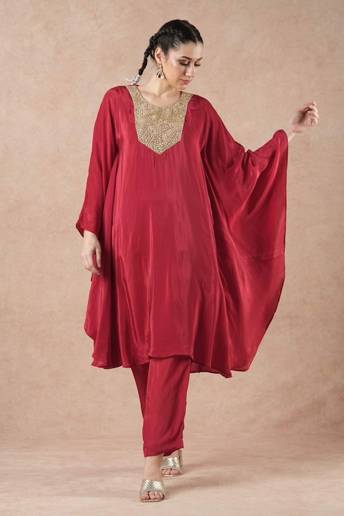 Dori & CO. Ruby Red Silk Crepe Kurta & Pants Set 