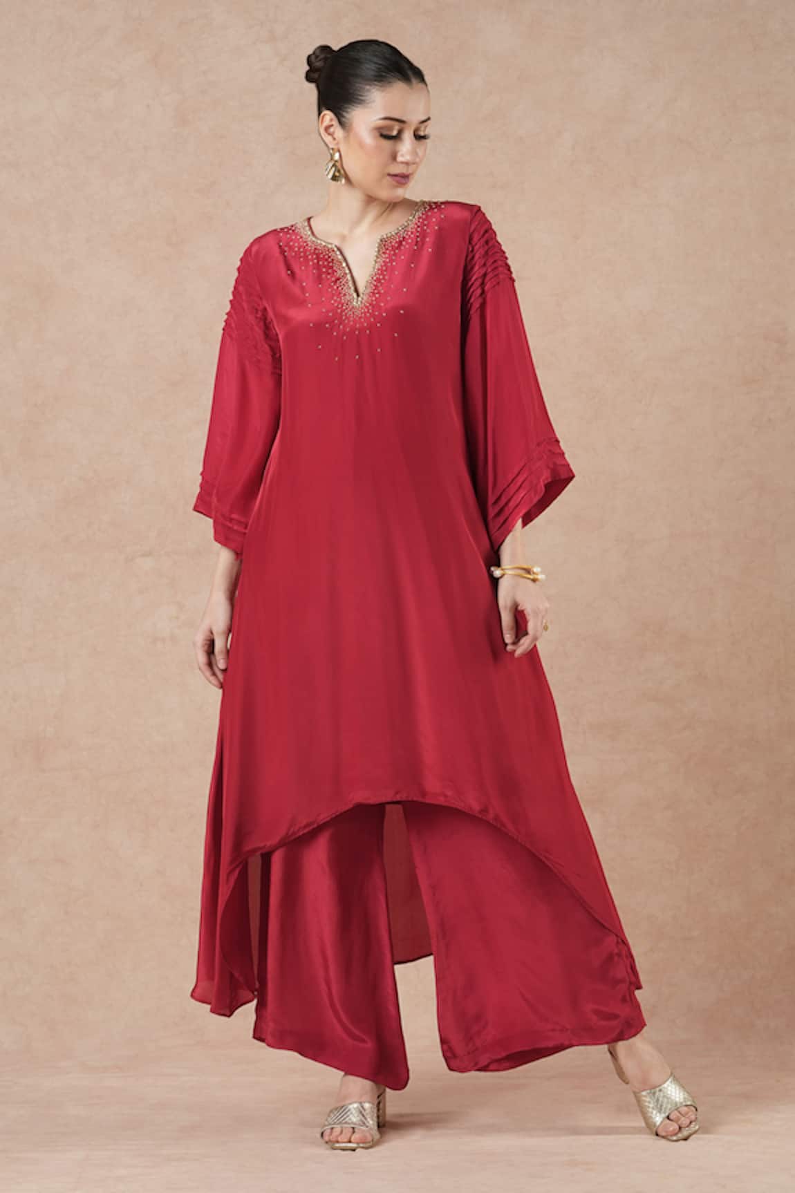 Dori & CO. Ruby Red Silk Crepe Kurta & Pants Set 