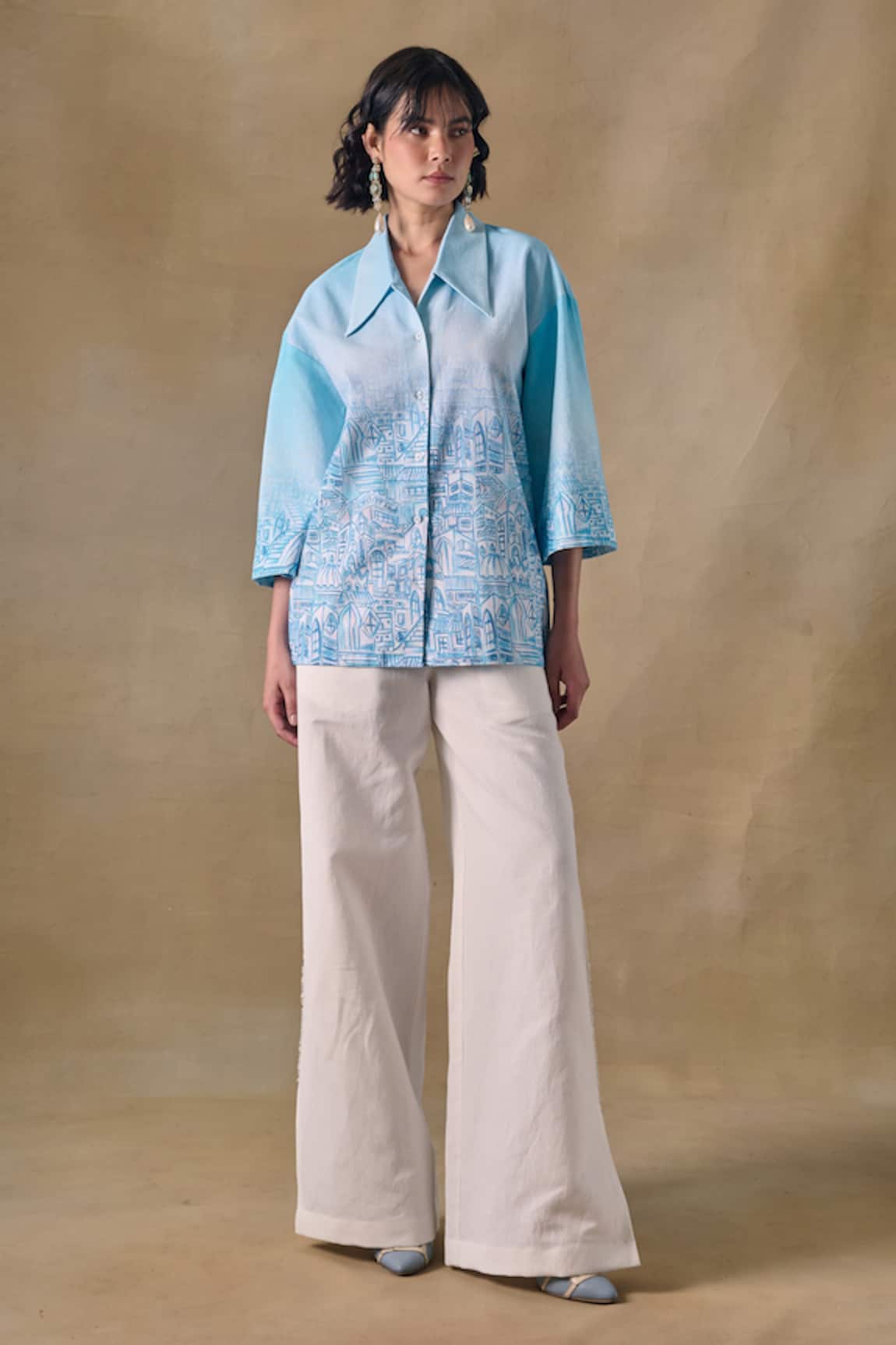 Pocketful Of Cherrie Blue Landscape Kimono Shirt 