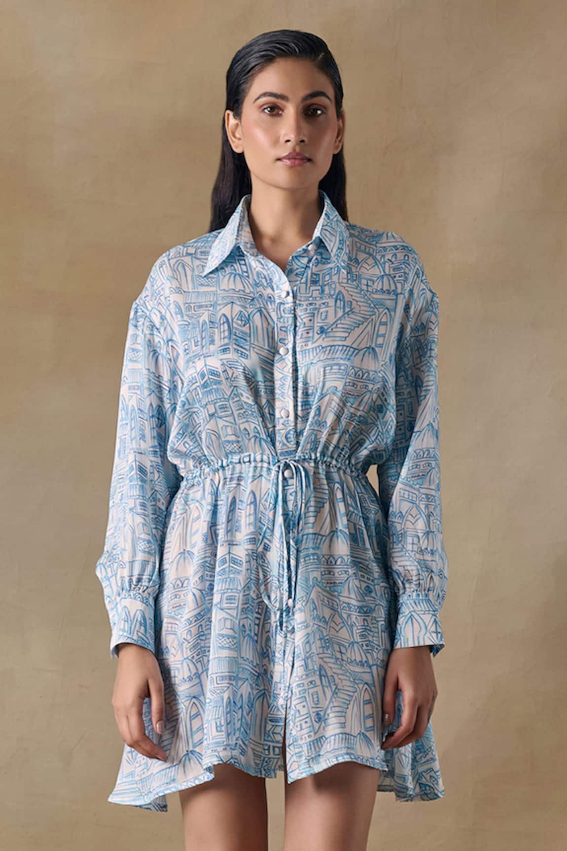 Pocketful Of Cherrie Gathered Mini Dress with Landscape Print 