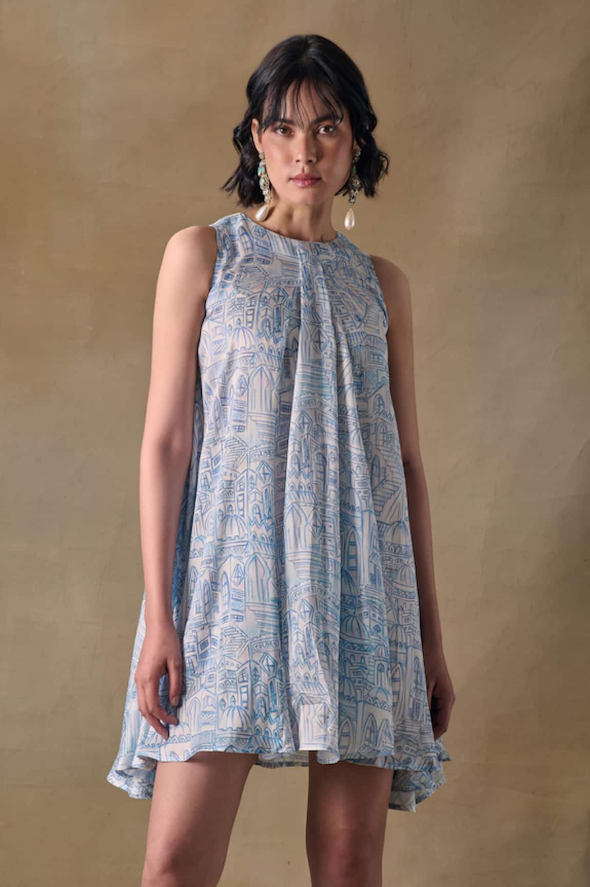 Pocketful Of Cherrie Blue Landscape Halter Neck Mini Dress 