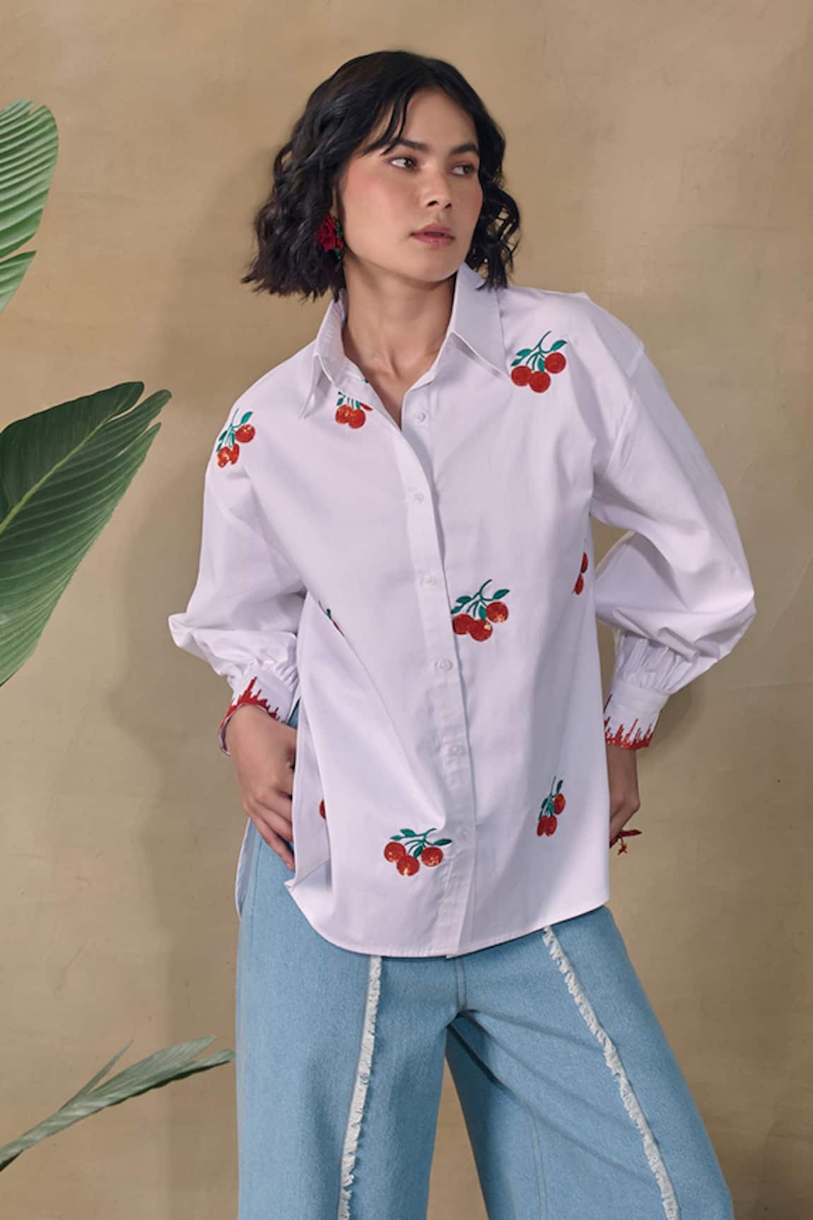 Pocketful Of Cherrie White Beadwork Embroidered Shirt 
