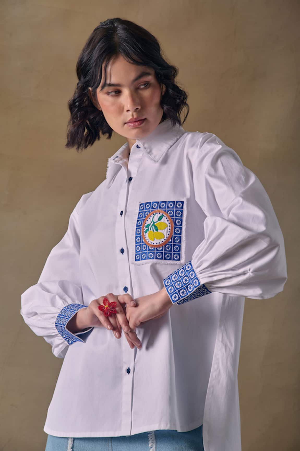 Pocketful Of Cherrie Zellige Embroidered White Button Down Shirt 