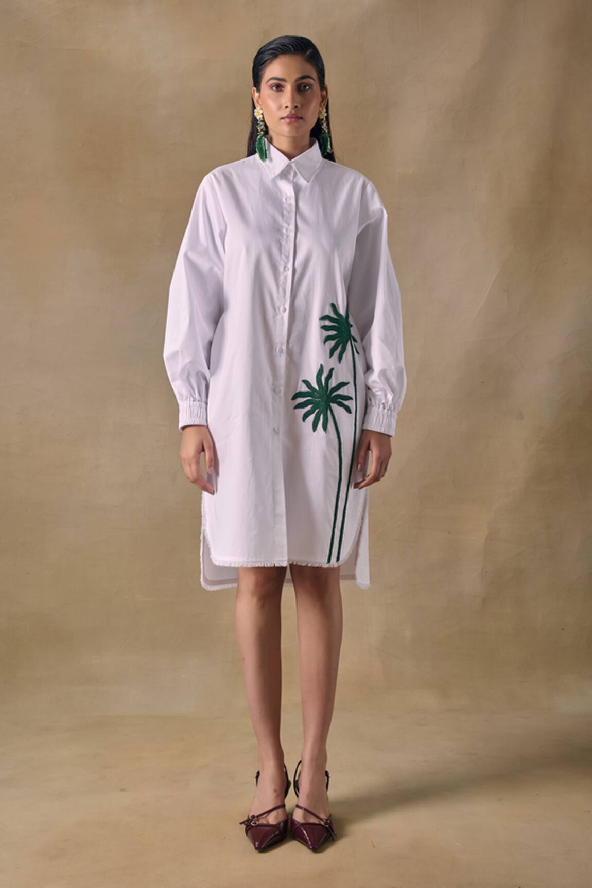 Pocketful Of Cherrie Palm Tree Embroidered Shirt Dress 
