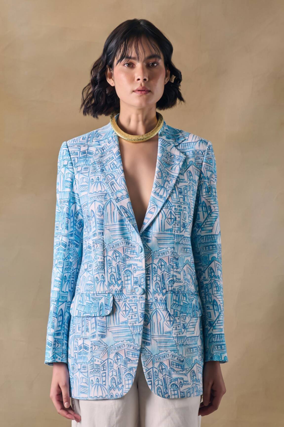 Pocketful Of Cherrie Hand Drawn Blue Landscape Blazer 
