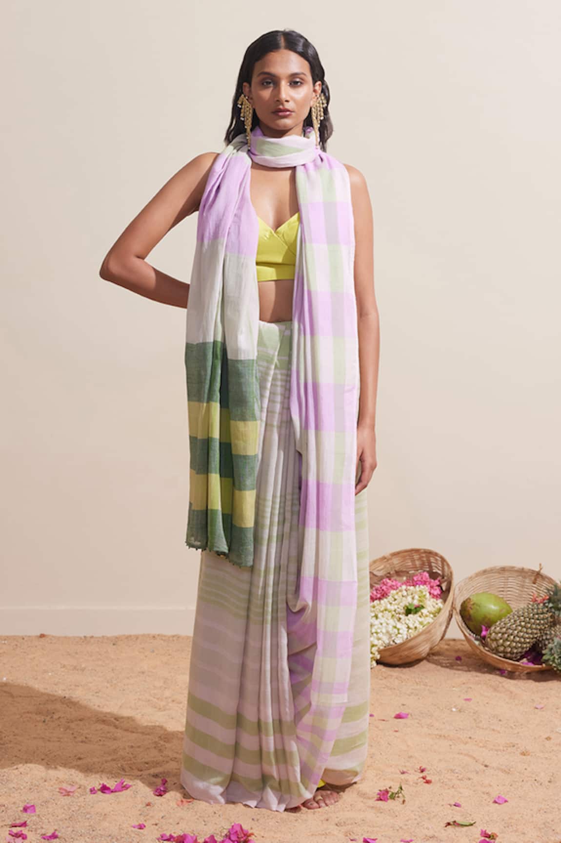 Dressfolk Green & Purple Handwoven Cotton Saree 