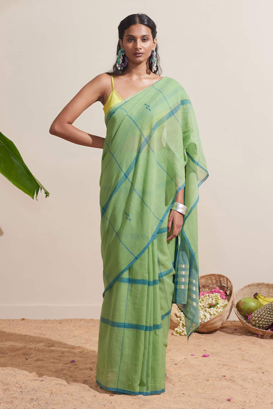 Dressfolk Green & Blue Handwoven Cotton Saree 